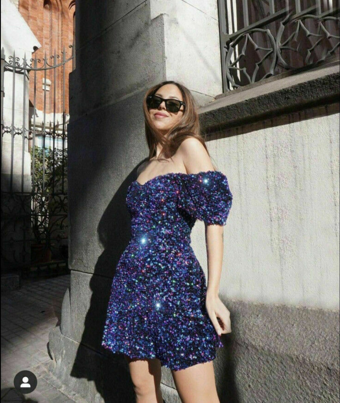 Zara Sequin Mini Dress V neck Elastic Cuffs A-line Skirt Black Blue M BNWT