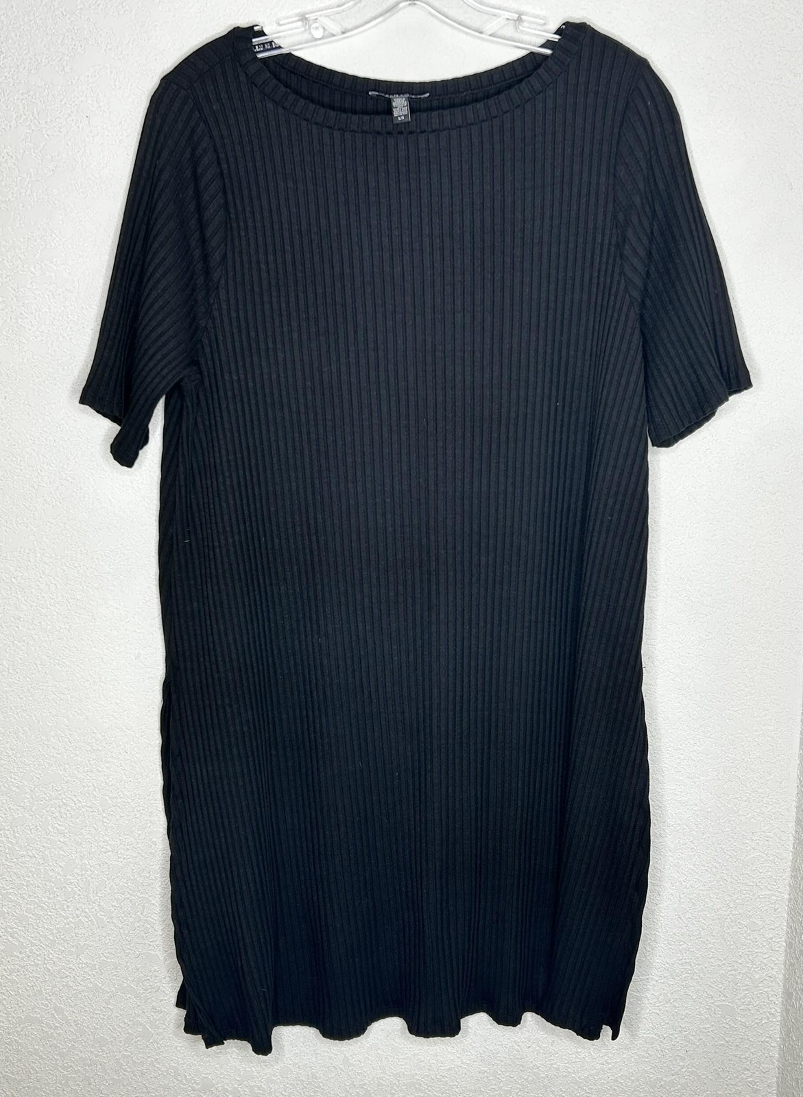 Eileen Fisher Dress Womens Large Black Ribbed Knit Minimalist Shift Made USA