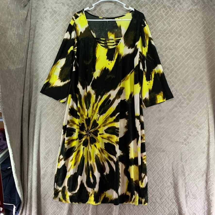 Mile Gabrielle Dress Womens 3x Black Yellow Knee Length Half Sleeve Boxy Fit