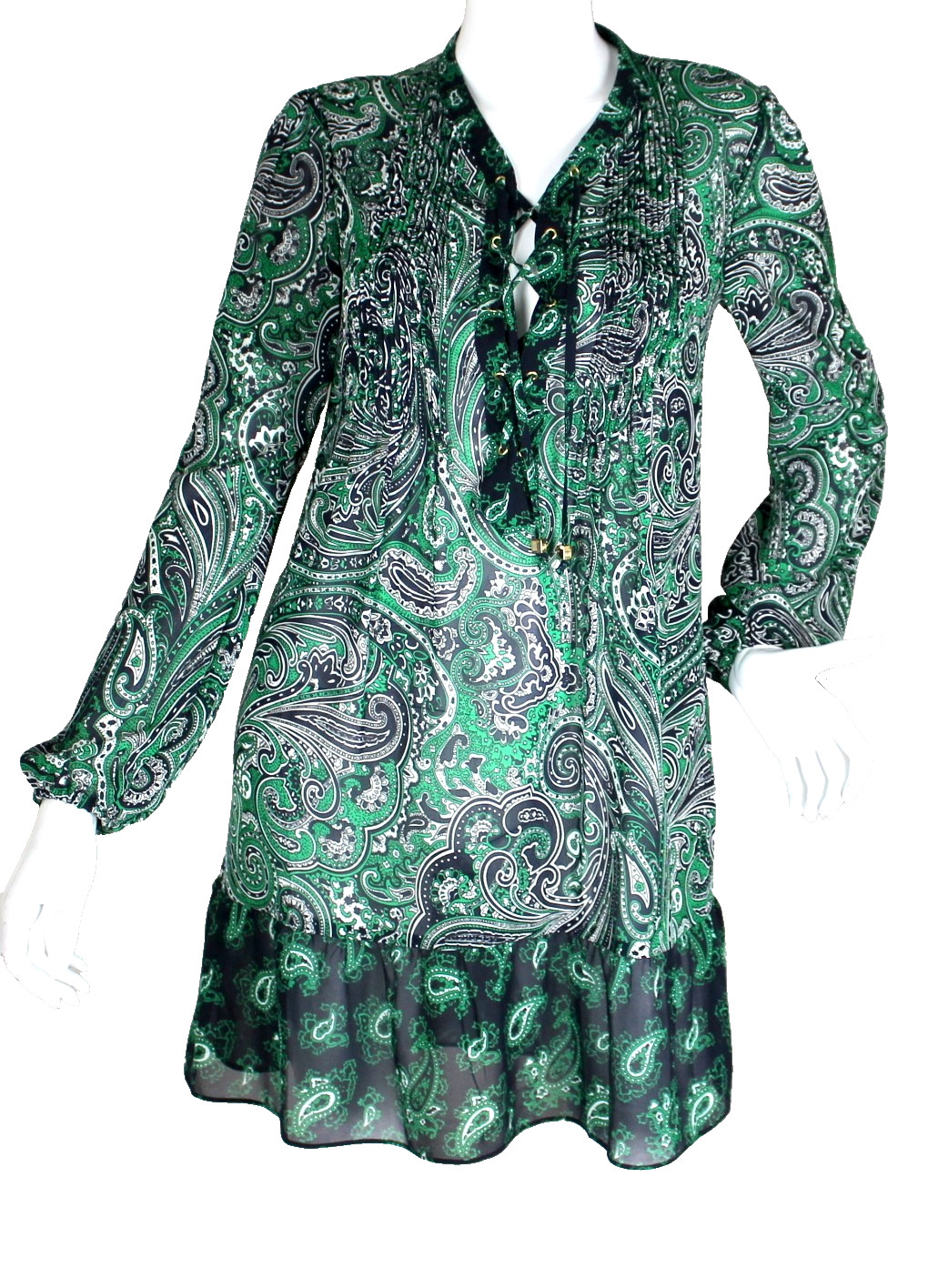 {MICHAEL KORS} Dress Sz. XS Green Gooseberry Paisley Print Lace Up Semi Sheer