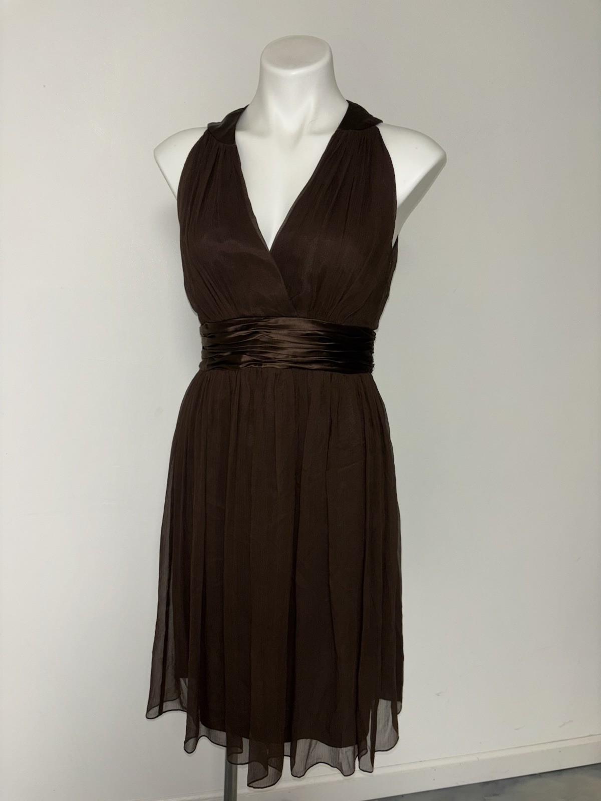 Maggy London Women’s Sz 6 Brown Halter Fit n Flare 100% Silk Acetate Dress