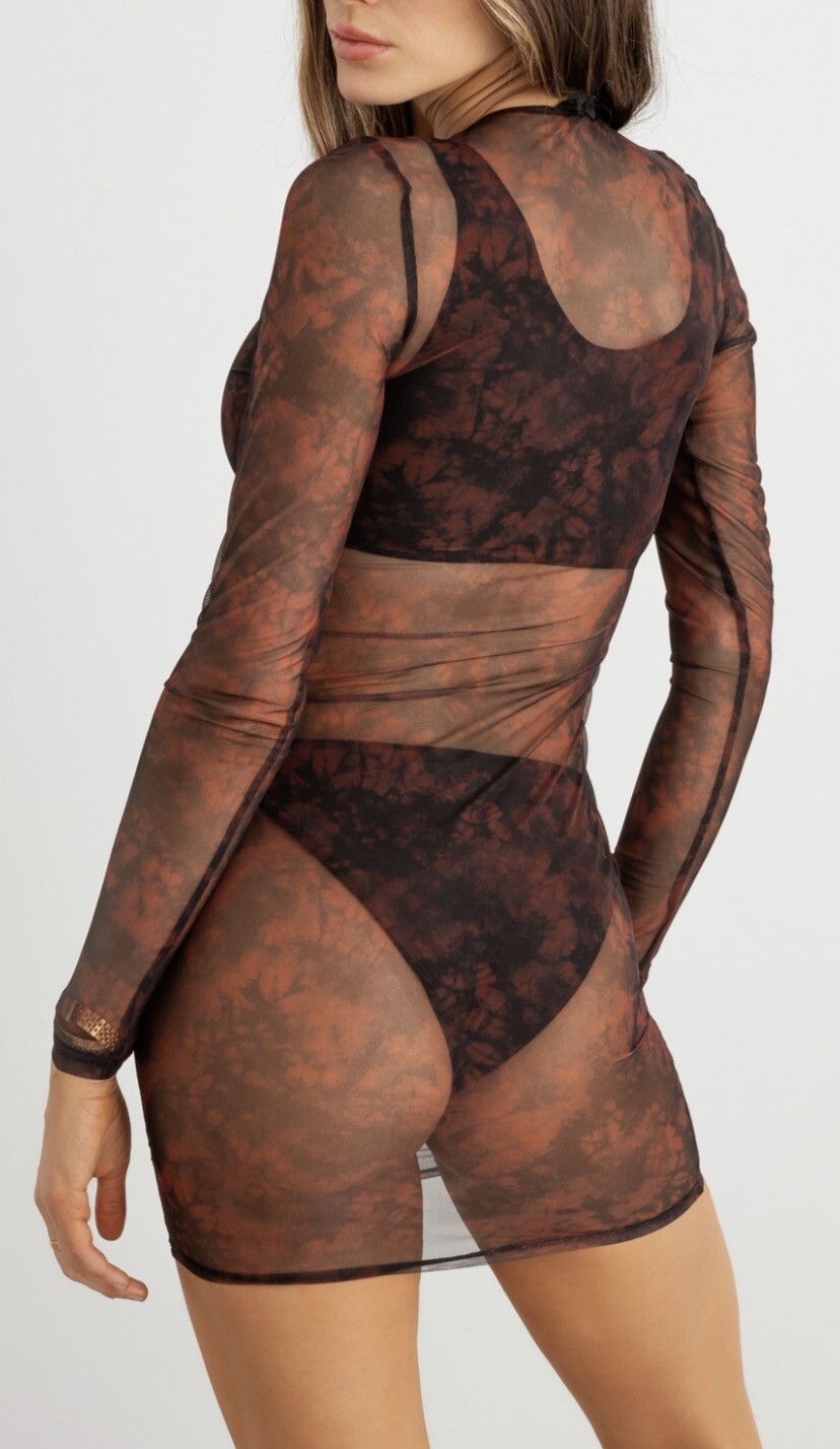 Biege & Mocha Abstract Mesh Lace-Up Neck Long Sleeve Mini Dress Semi-sheer Tunic