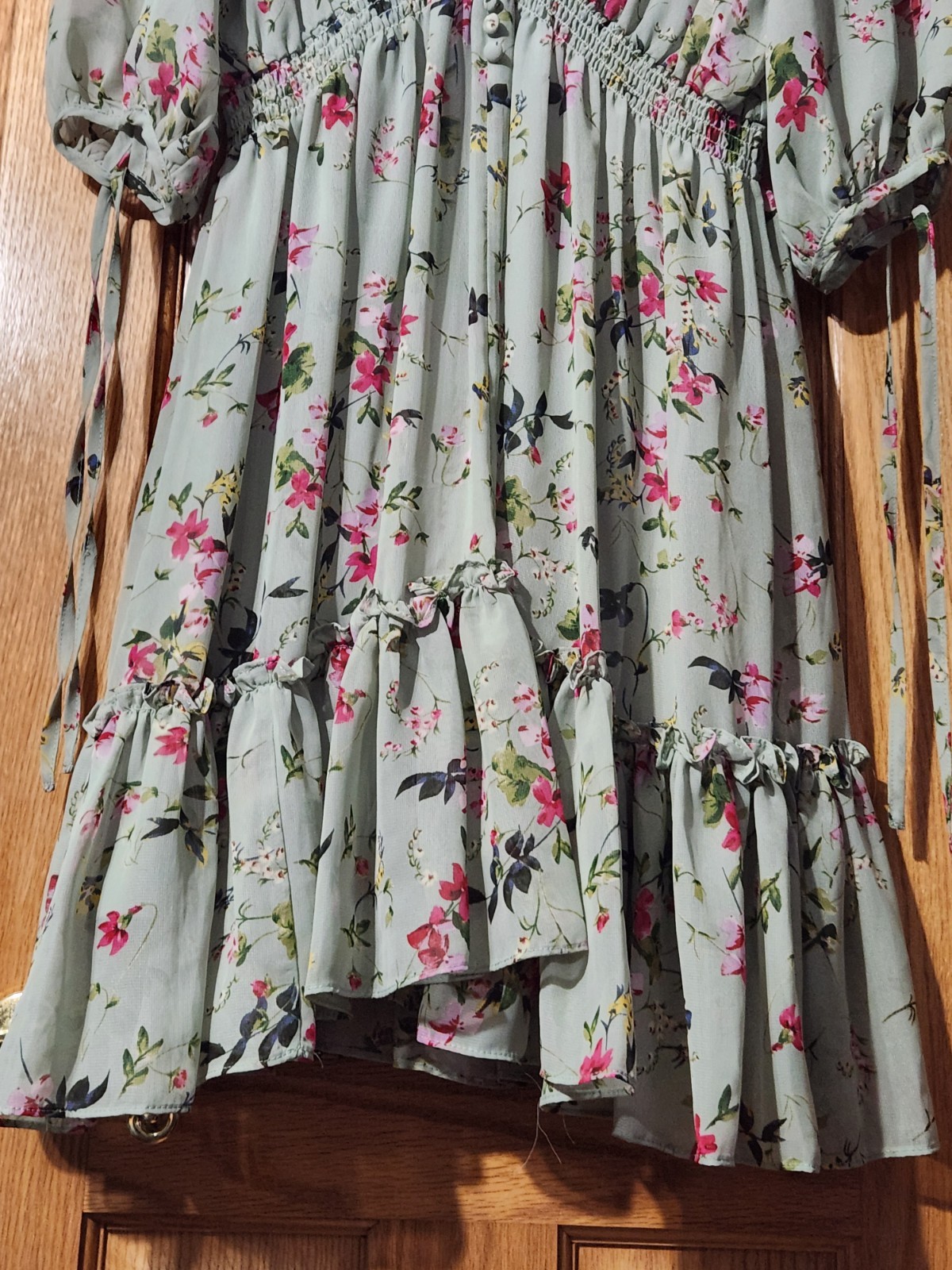 Taylor Sage Green Floral Smocked Tiered Dress sz16 Boho Romantic Sheer Garden