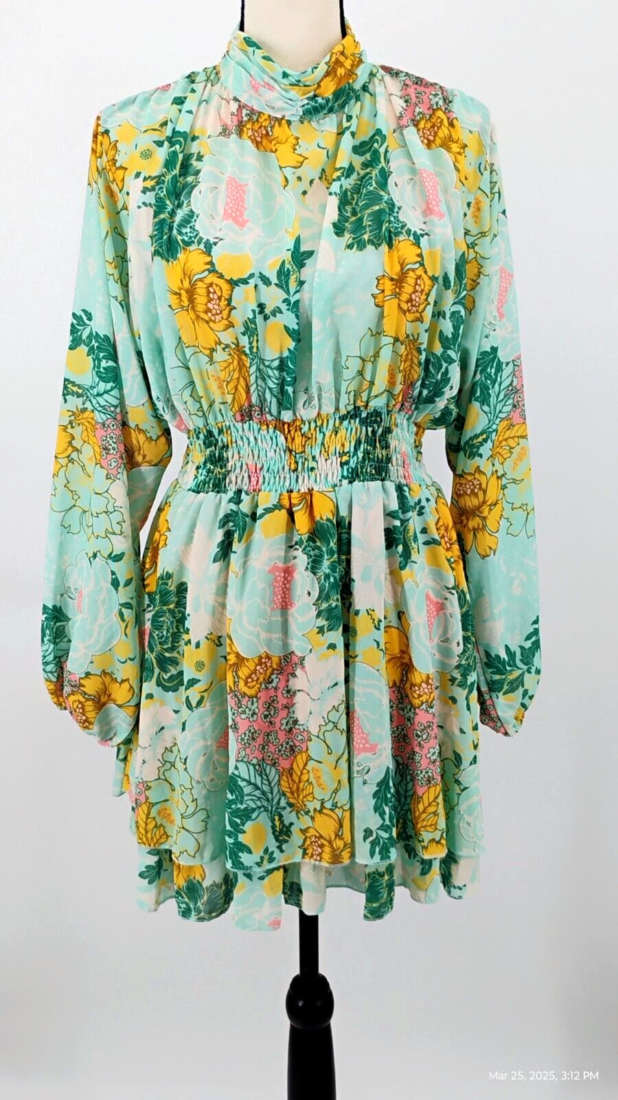 NWT Venti6 Fit Flare Aqua Floral Layered Ruffle Dress Long Kimono Sleeve Italy M