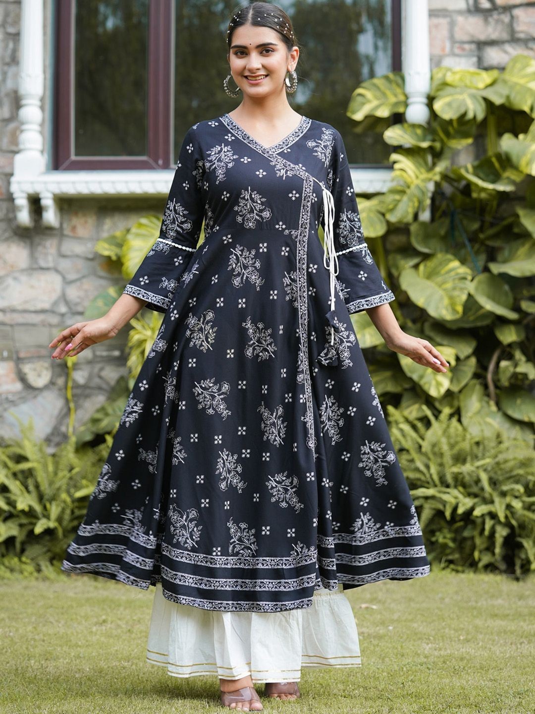 Indian Women Black Rayon Golden Printed Angrakha A-Line Kurta Kurti Long Dress