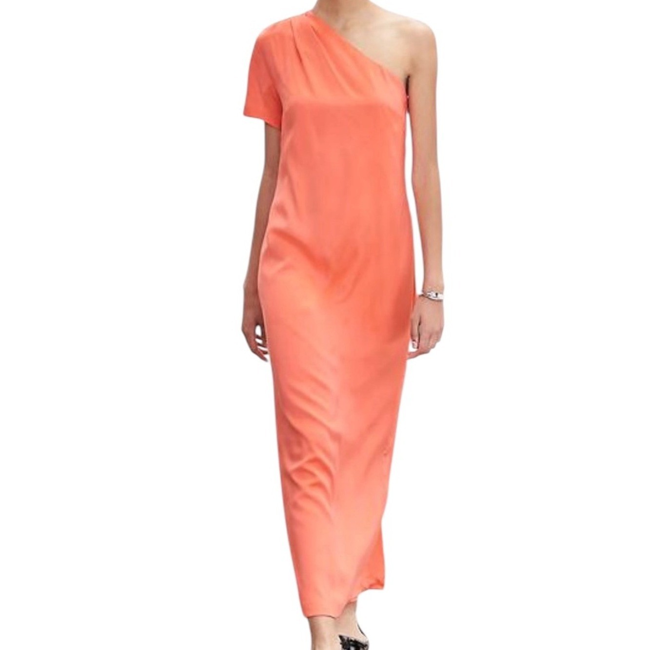 BR Monogram Silk One Shoulder Dress Neon Coral Volt Size 8
