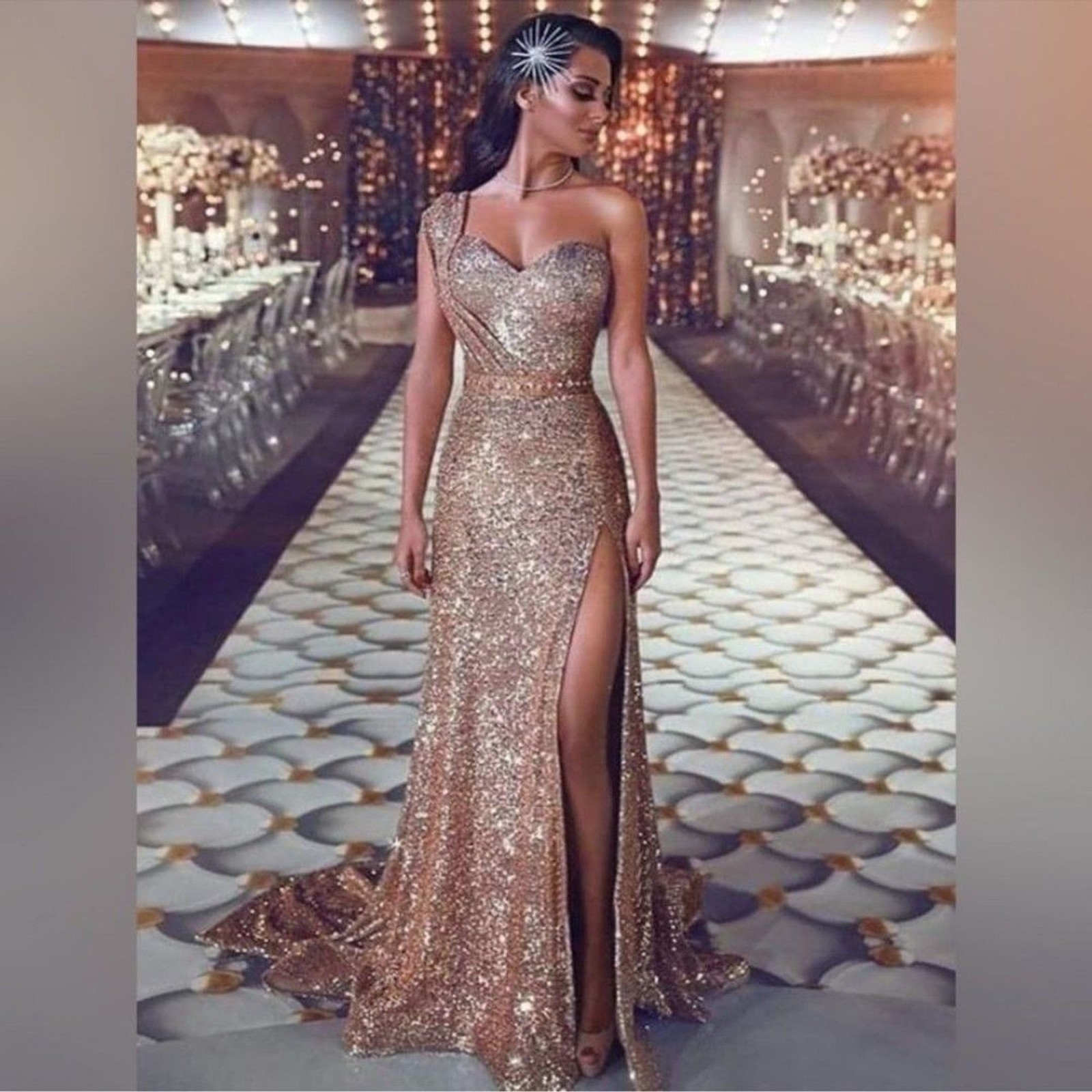 NWT Rose Gold One-Shoulder Sweep/Brush Train Beading Sequins Dresses
