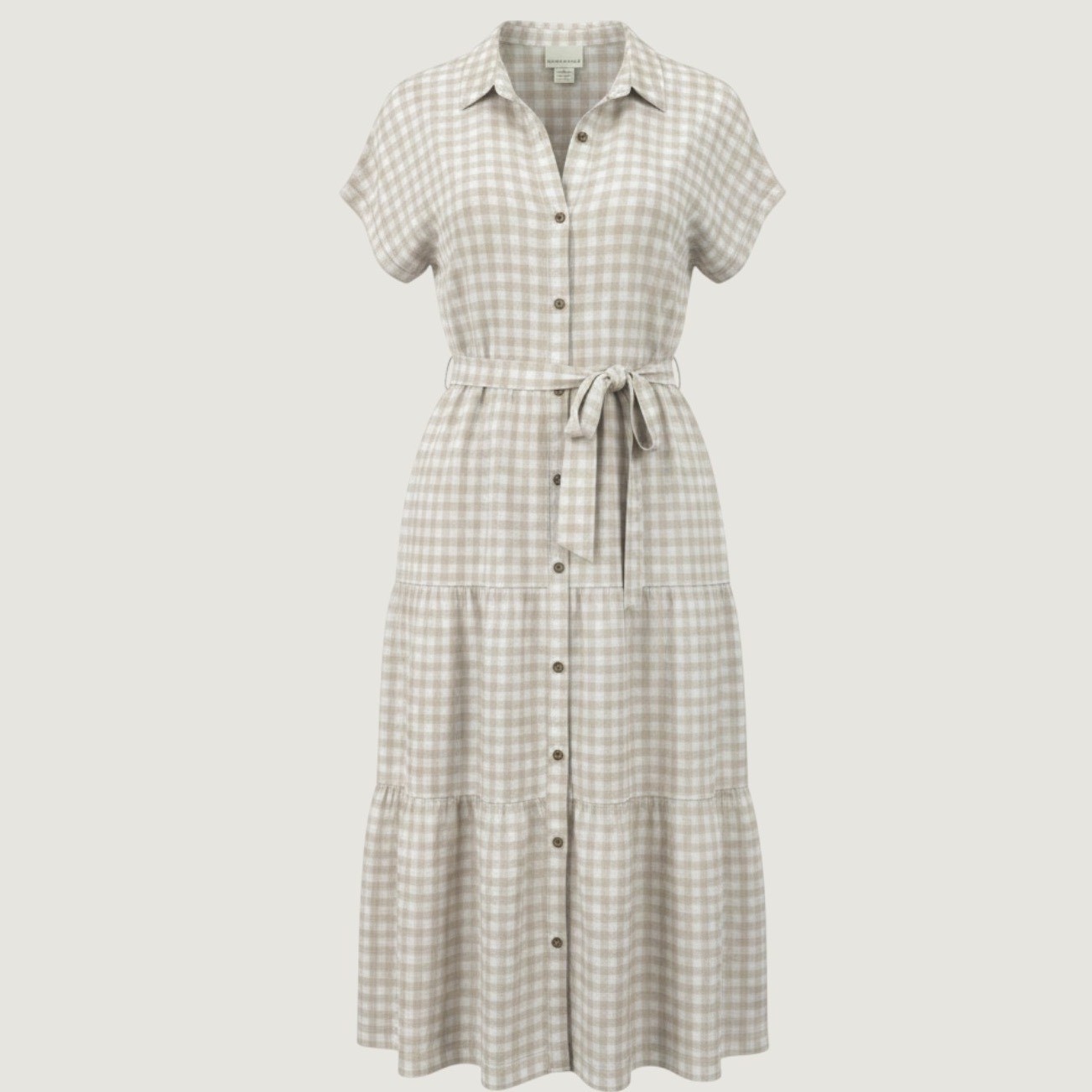 Cynthia Rowley Gingham Midi Dress Women M Tan Linen Tiered Button Front Beach