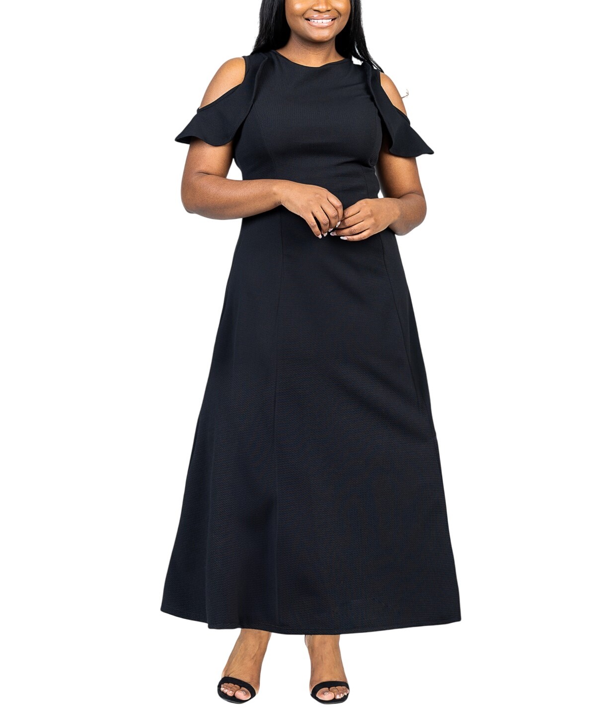 24seven Comfort Apparel Size Ruffle Cold Shoulder A-Line Maxi Dress Black 3X