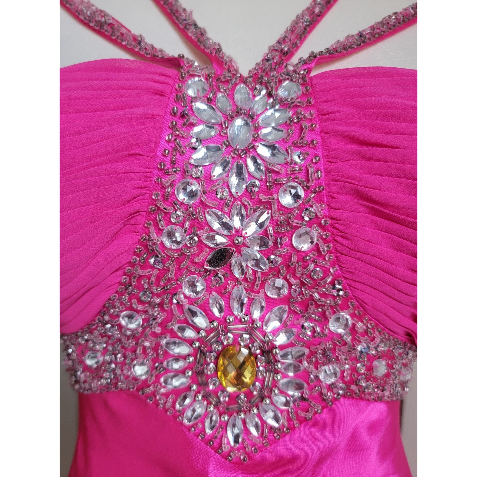Cache Hot Pink Beaded Strappy Self-Tie Bow Closure Evening Gown Dress Size 6