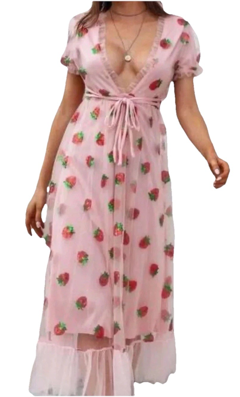 Strawberry Maxi Dress Sequin Fruit Spring Tulle Cottagecore Sz Med Pink Fairy Pr