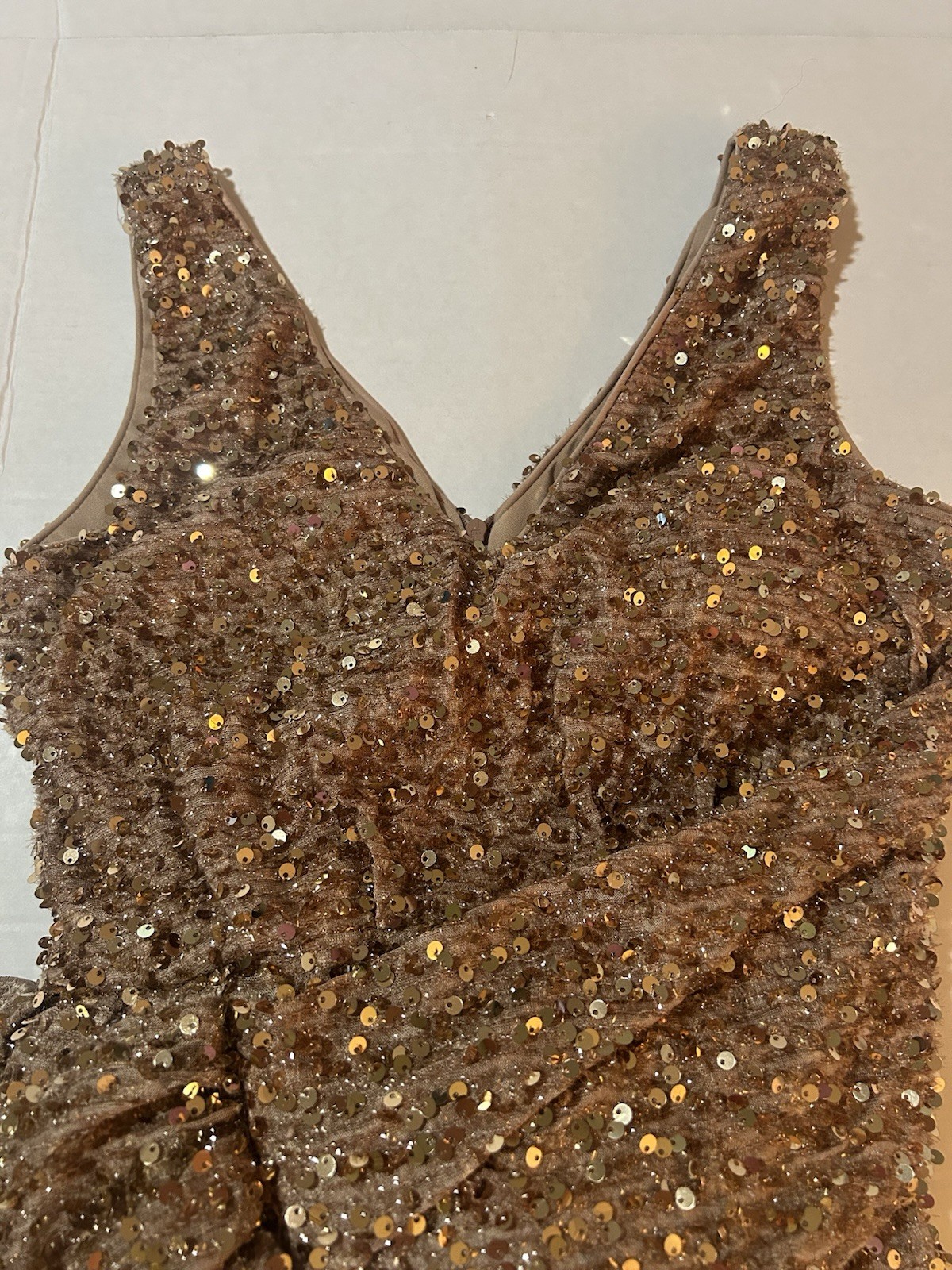 Draped Asymmetric Party Dress Prom Evening GOLD V Neck Ruched S Sequined Ruffle