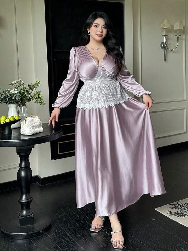 NEW Shiny 2nd Skin Satin Maxi Long Sleeve Twirly Cinched Waist Dress PLUS 3XL