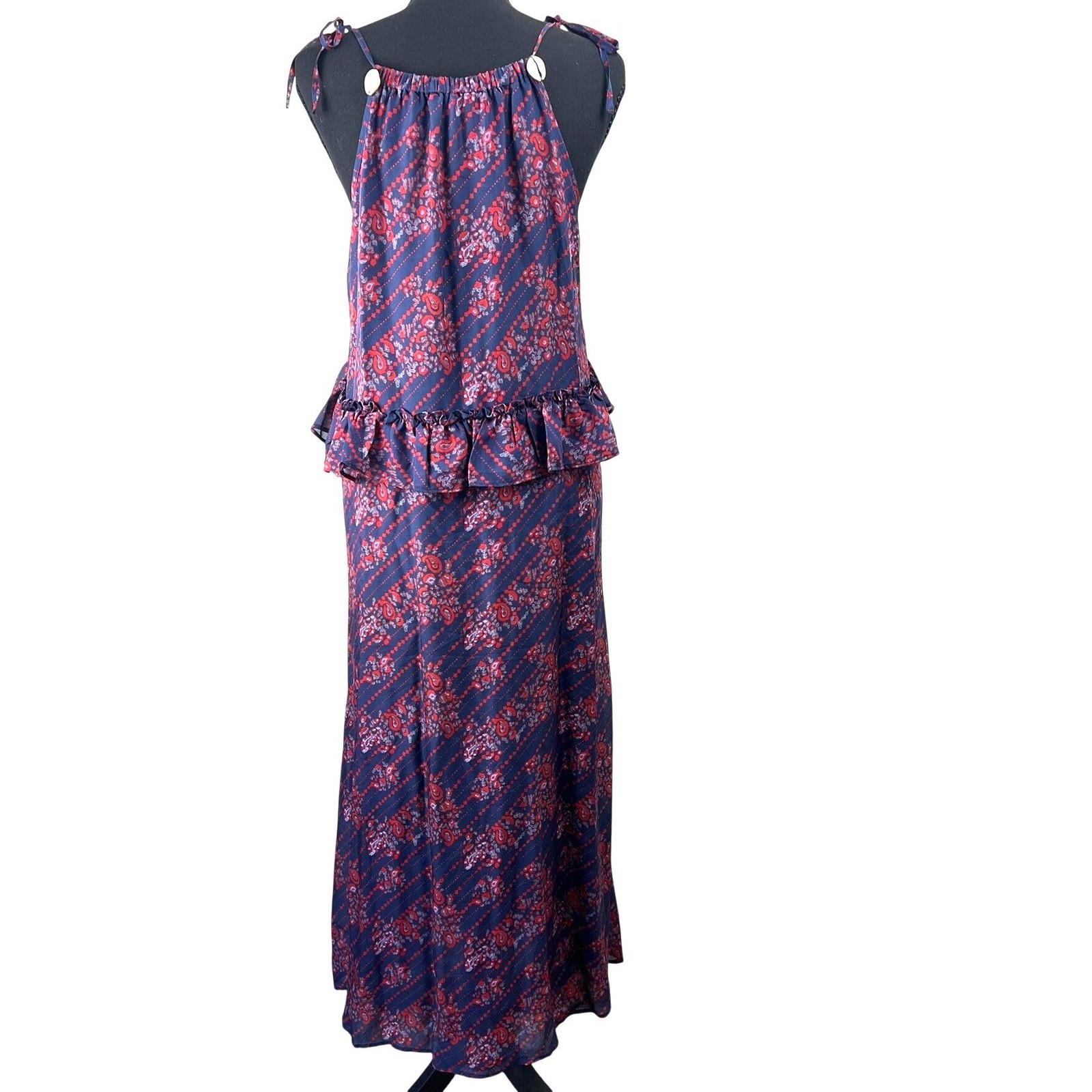 Figue Alina Paisley Silk Cowrie Shell Ruffle Maxi Dress S Boho Resort Luxury