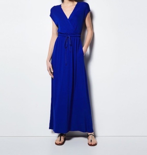 Milly Design Nation Dress Medium Royal Blue V Neck Tie Waist Jersey Knit Maxi