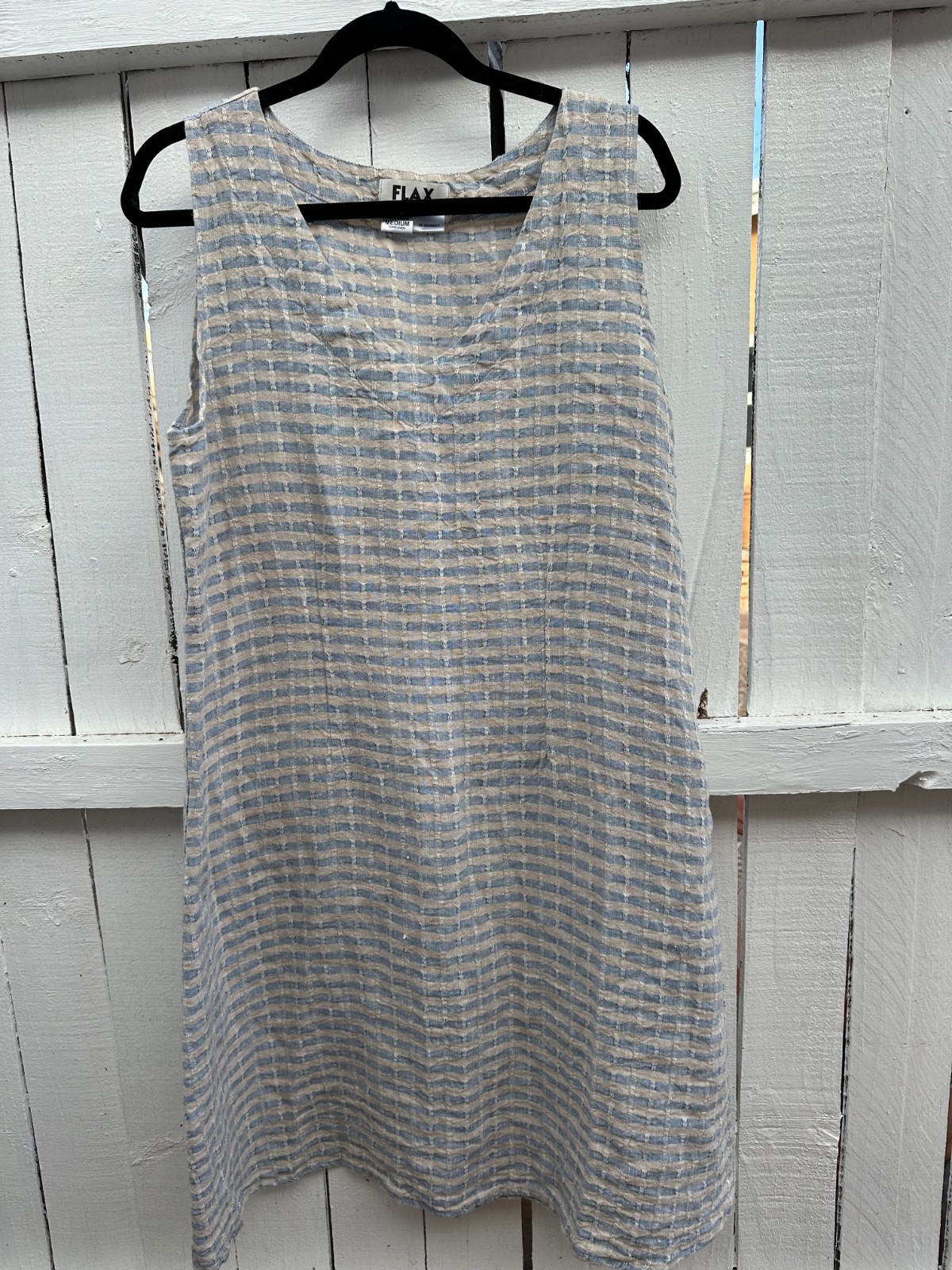 FLAX 100% Linen Sleeveless Shift Dress Blue and Beige Striped Size Large
