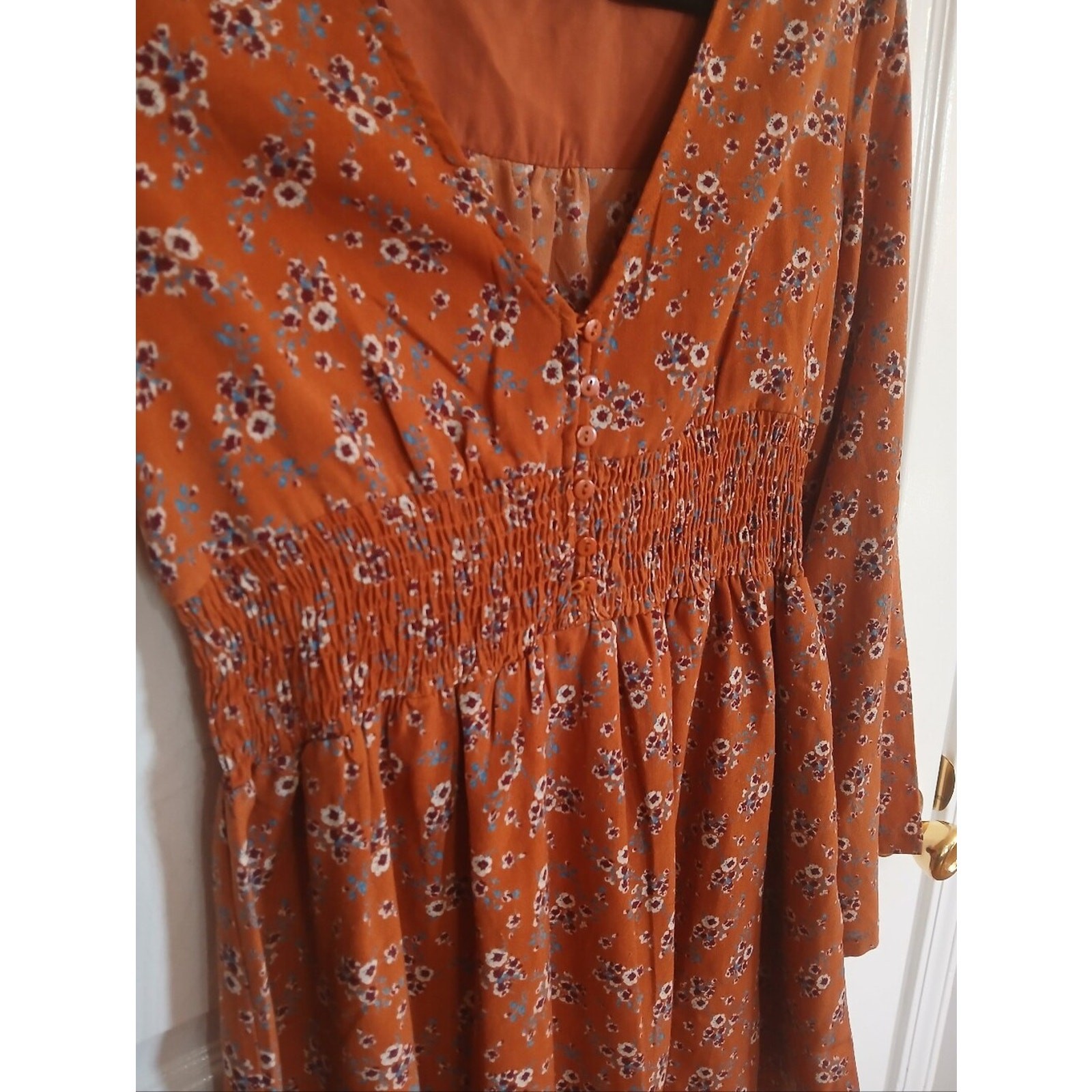 Lira Rust Ditzy Floral Long-Sleeve Smocked Waist Mini Dress Cottage Boho Fairy