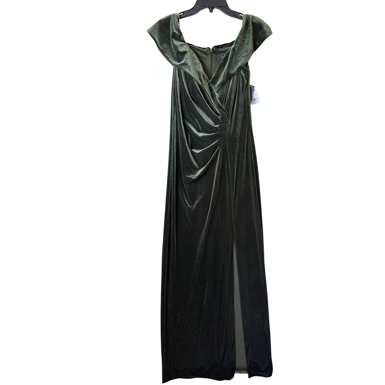 X Evenings Gown Womens 10 Moss Green Velvet Off Shoulder Ruched Slit NEW READ
