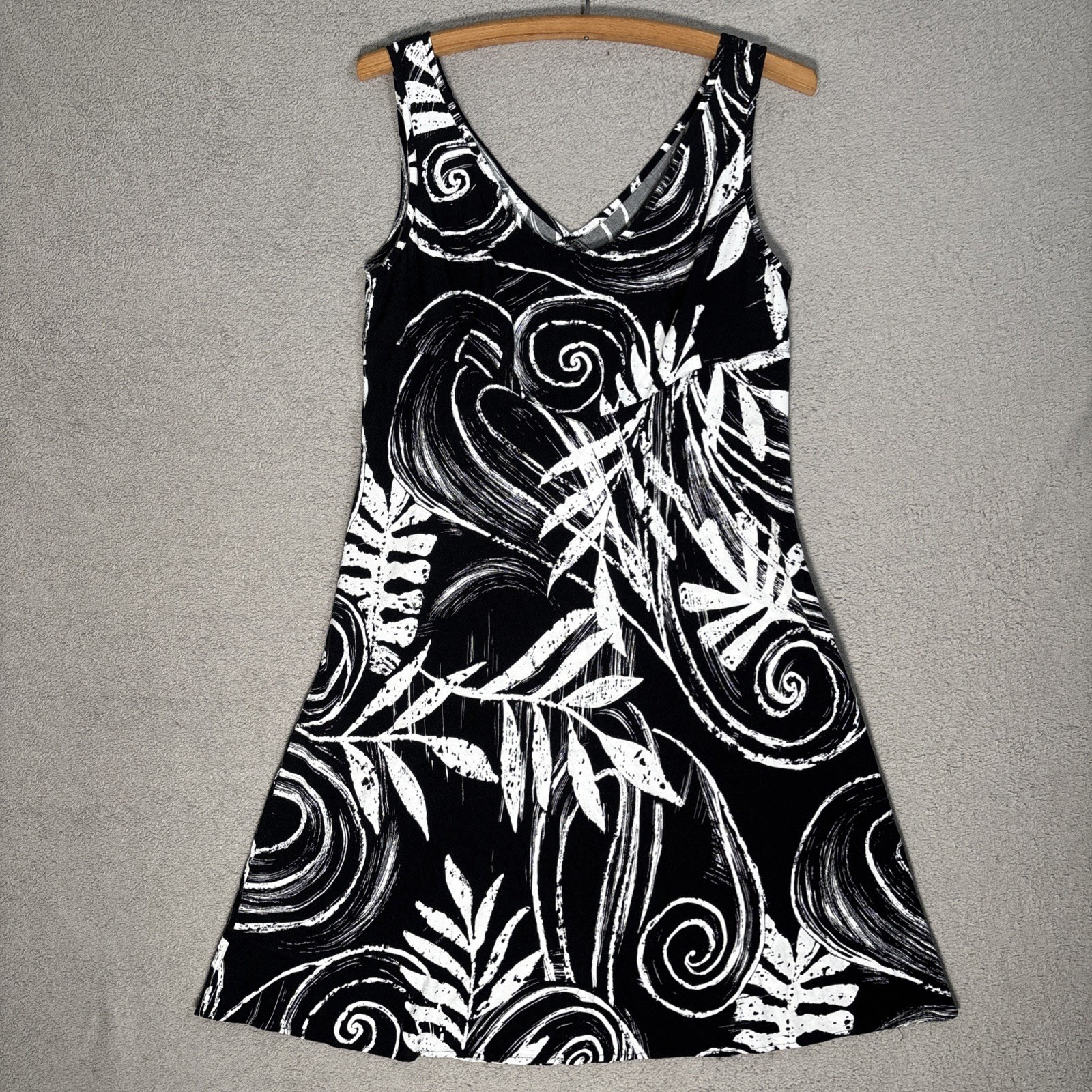 Jams World Serendipity Dress Size Large Black White Swirl Leaf Print Sleeveless