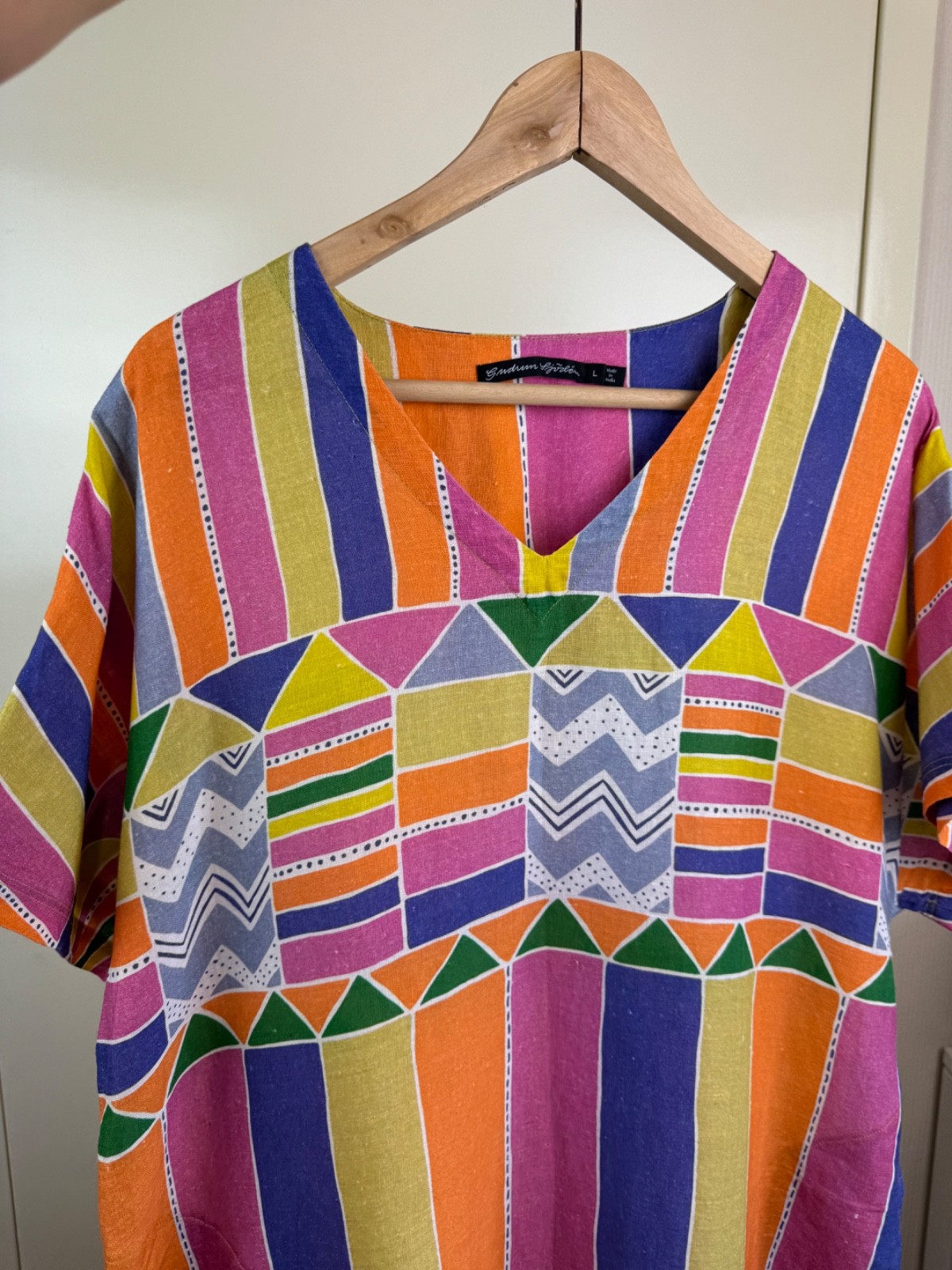 GUDRUN SJODEN Linen Multicolor Cheerful Dress Kaftan Ikat Geometric Sundress L