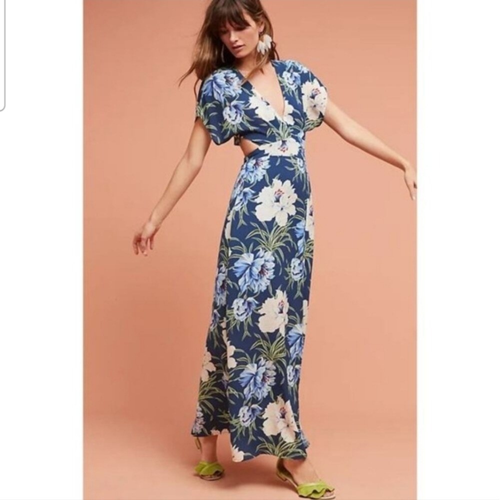 Anthropologie DRA Maxi Dress Santorini Floral Tropical Boho Blue Cream Size L