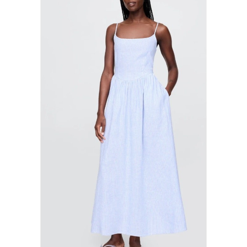 NWT Gap Womens Drop Waist Maxi Dress Large Pinstripe Summer Smocked