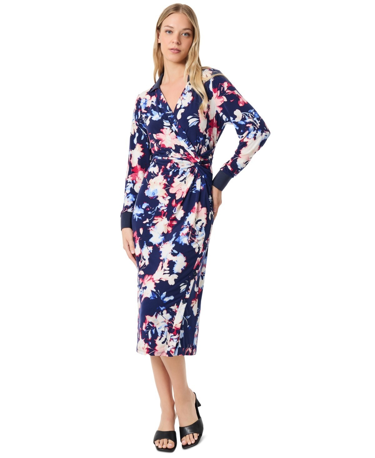 Jones New York Collared Twisted Wrap Midi Dress Women’s Size XL Pacific Navy