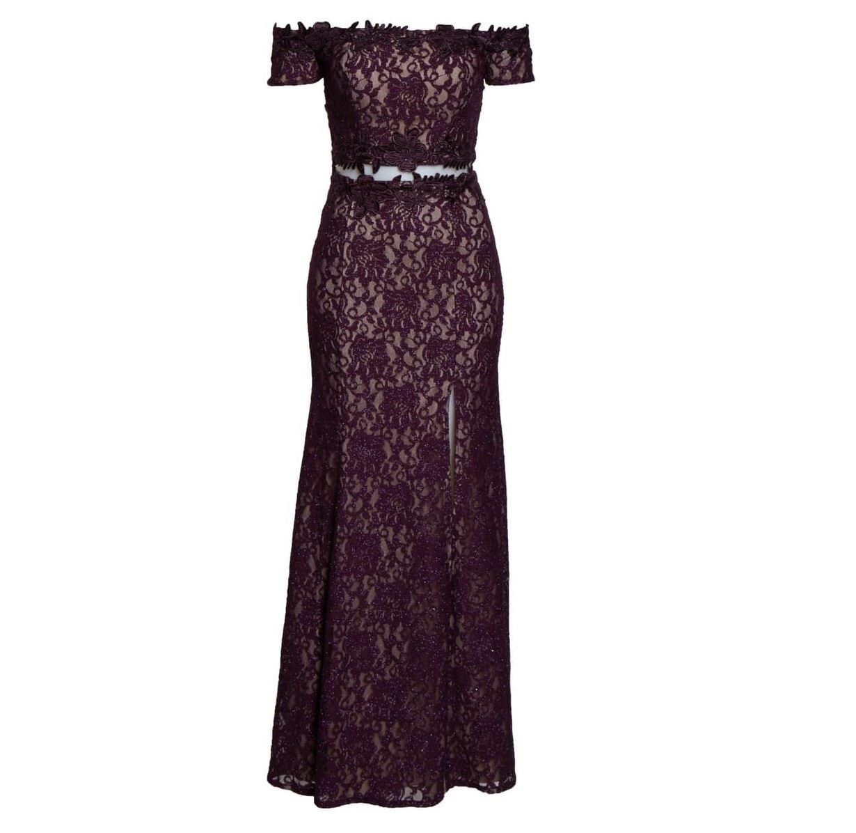 Sequin Hearts Junior Womens 9 Eggplant Off The Shoulder 2 PC Lace Gown NWT
