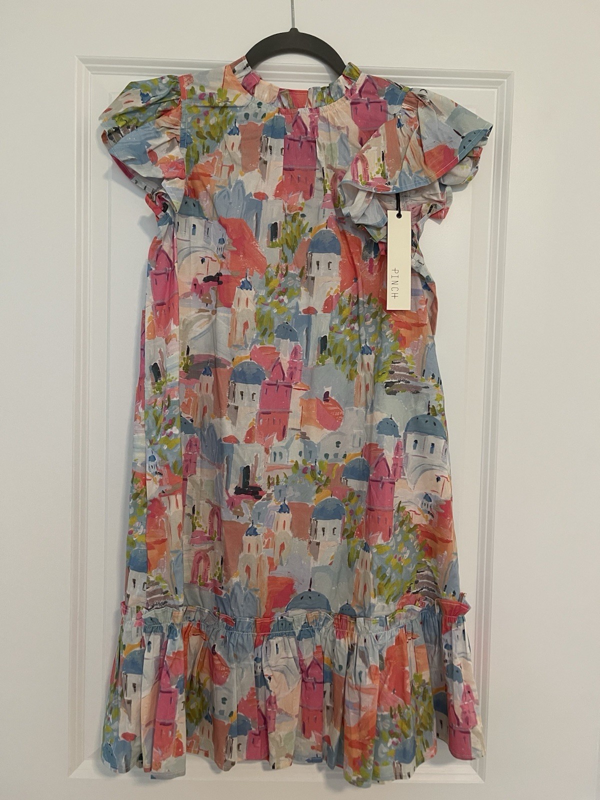 Pinch Women’s Size S Multicolor Scenic A-Line Midi Dress Flutter/Ruffle Button