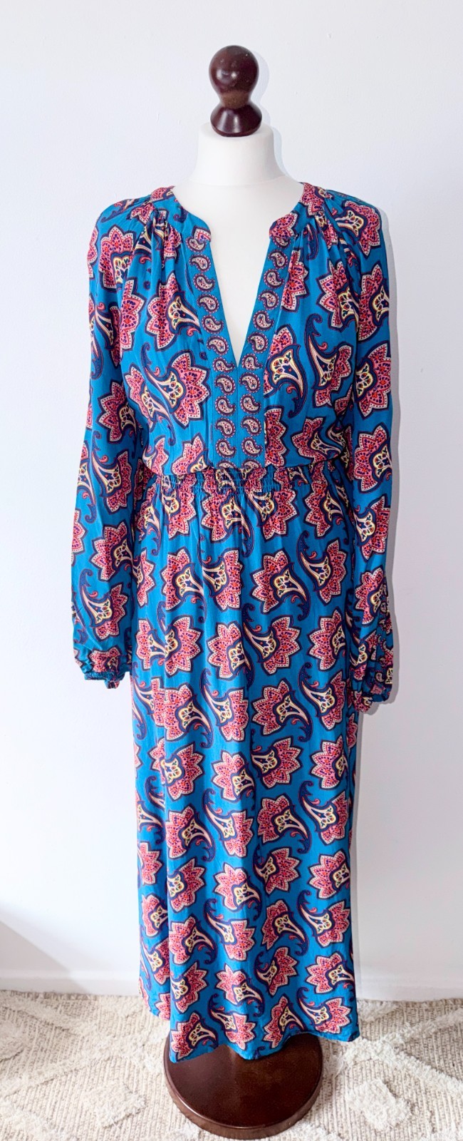 Boden Blue Border Print Raglan Midi Dress Pockets Balloon Sleeve UK 18L RRP £130