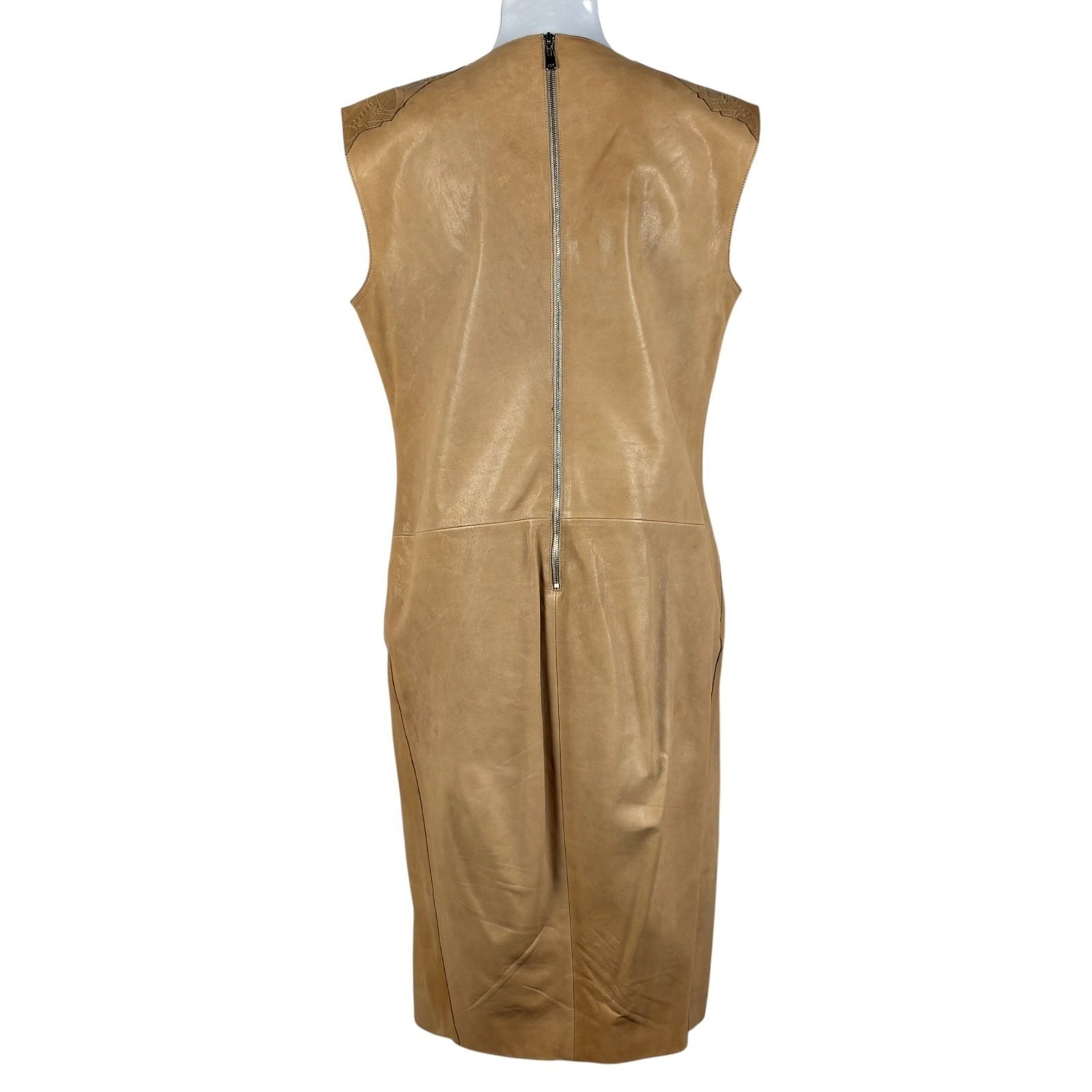 Escada Leather Sleeveless Midi Dress Womens EU 38 US 6 Light Umber Tan Scalloped
