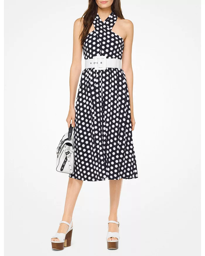 MICHAEL Michael Kors Polka Dot Crossover V-neck Fit & Flare Midi Dress w Belt, S