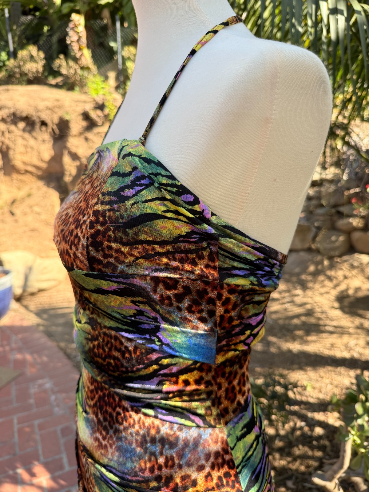 Forever 21 Y2K Rave Neon Ruched Animal Print Halter Bodycon Mini Dress Size S/P