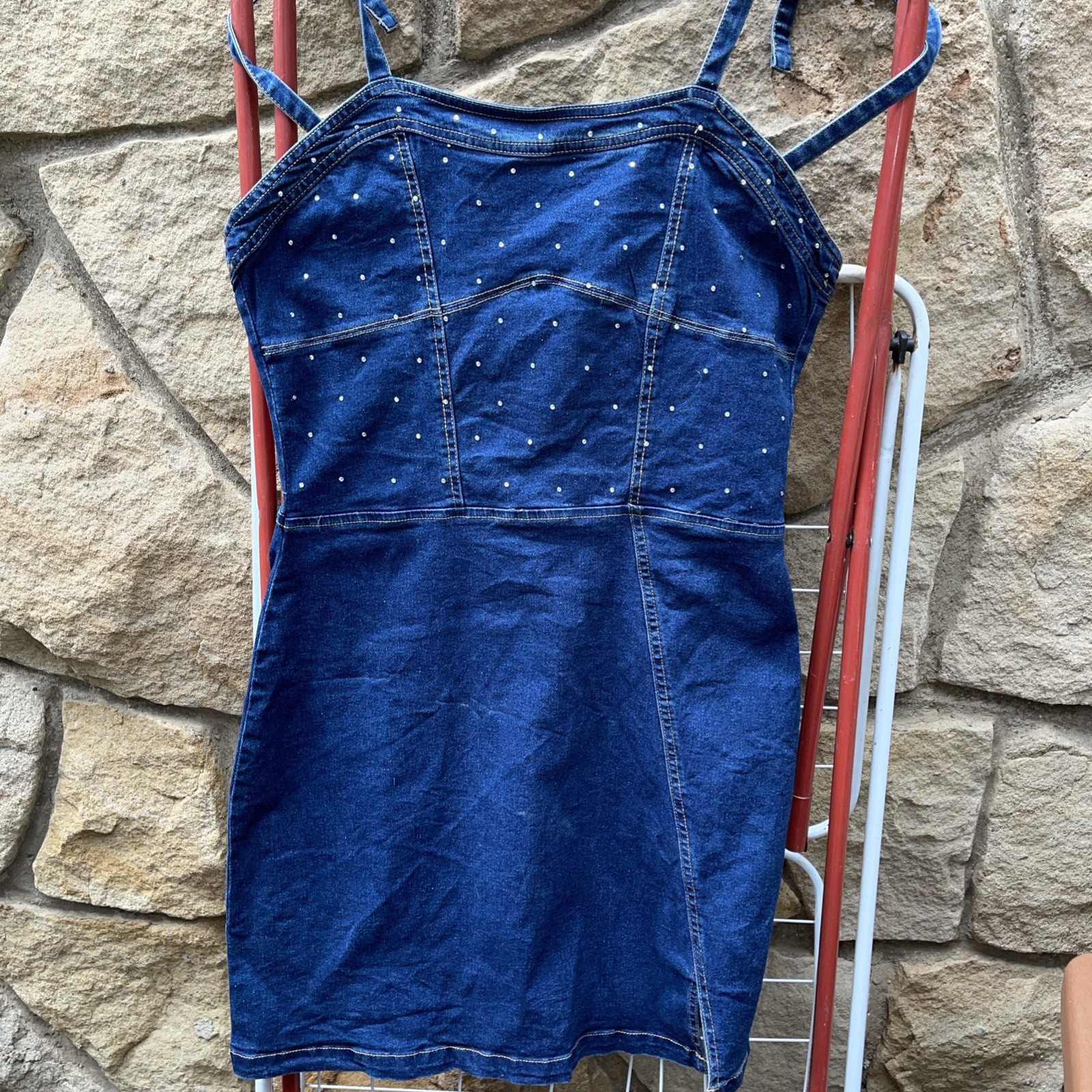 Veg Blue Jean BEBE Dress XL Rhinestones Top Ties At Shoulders Mid Thigh Length