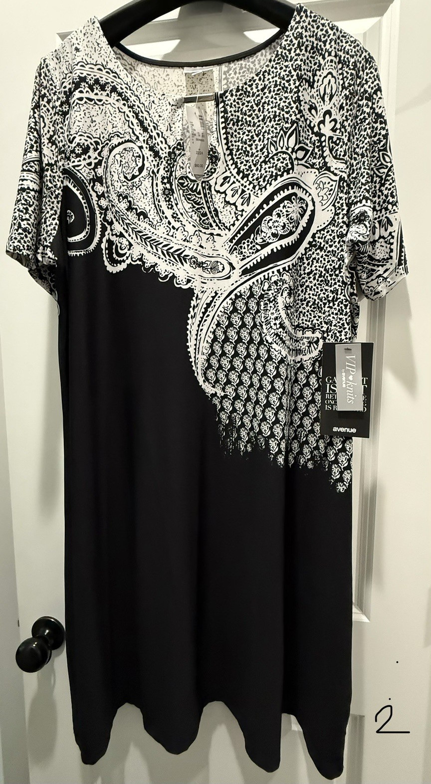 Avenue Plus Black White Paisley Knit Stretch Shift Knee Dress Cap Sleeve 22/24