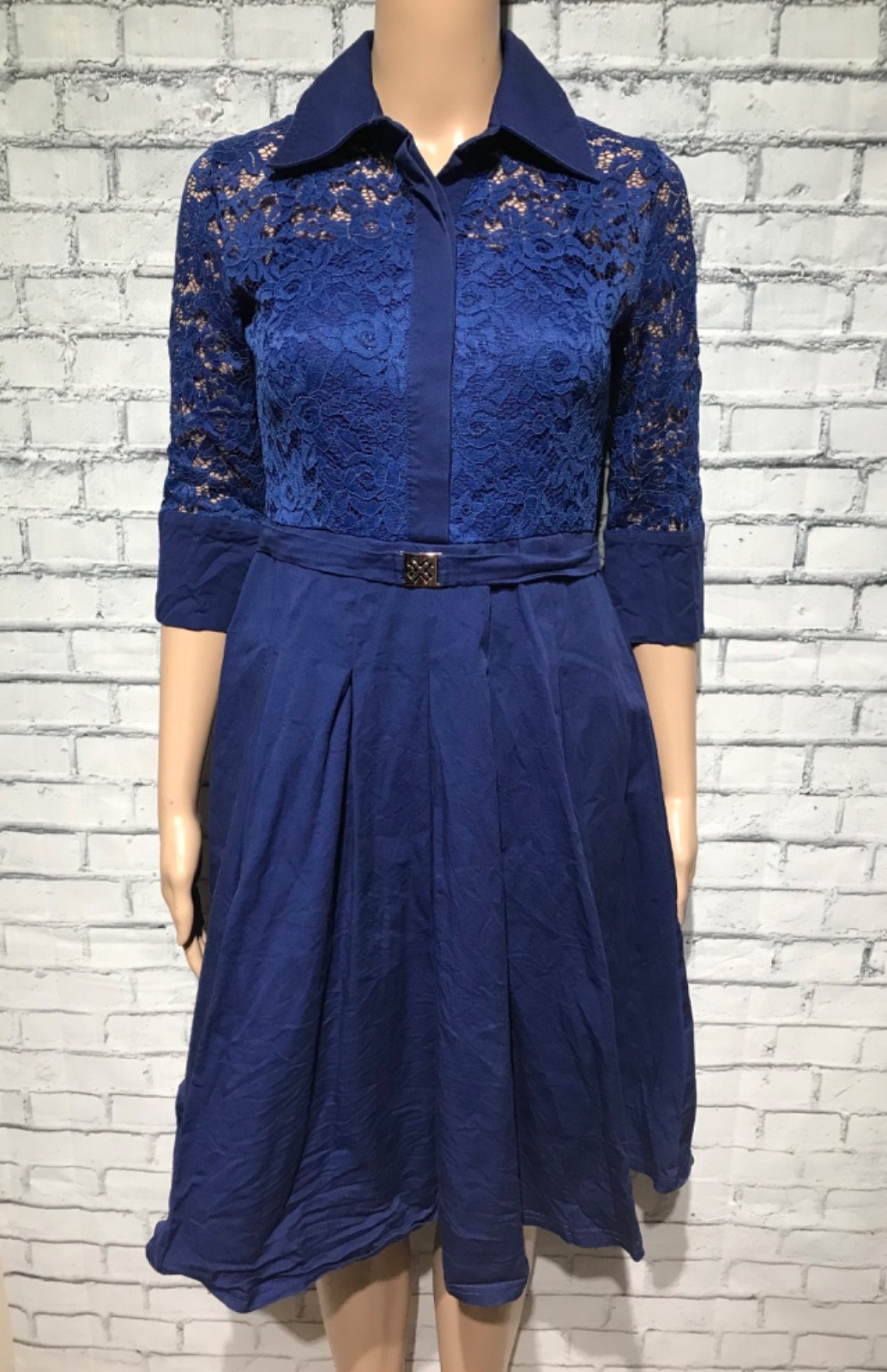 Missmny, S, Navy Blue Lace 3/4 Sleeve Collard, Buttons, Zip, Lined Dress, Office