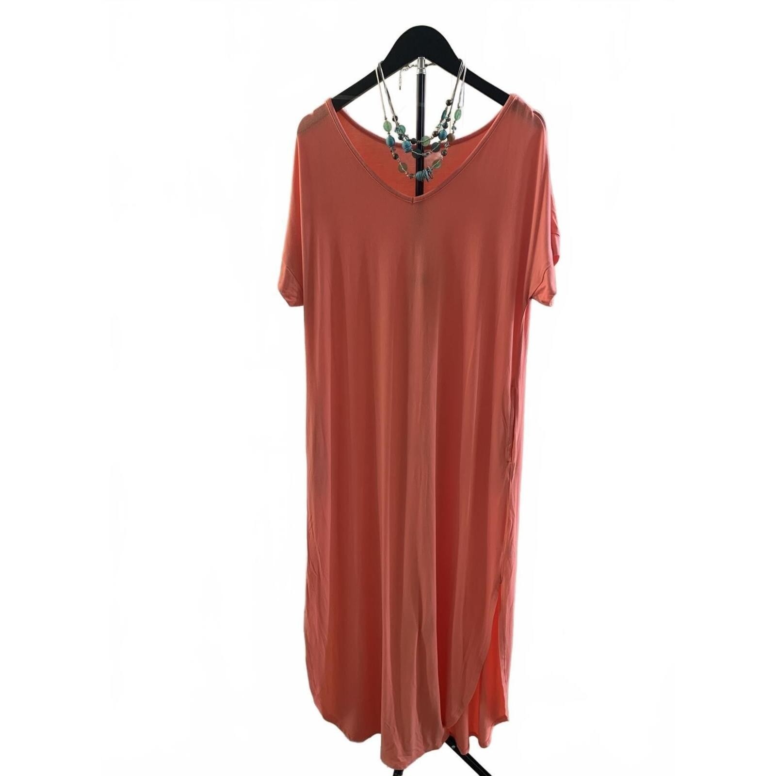 Time and Tru Womens Coral Pink V-Neck Short Sleeve Maxi Dress with Pockets 12-14
