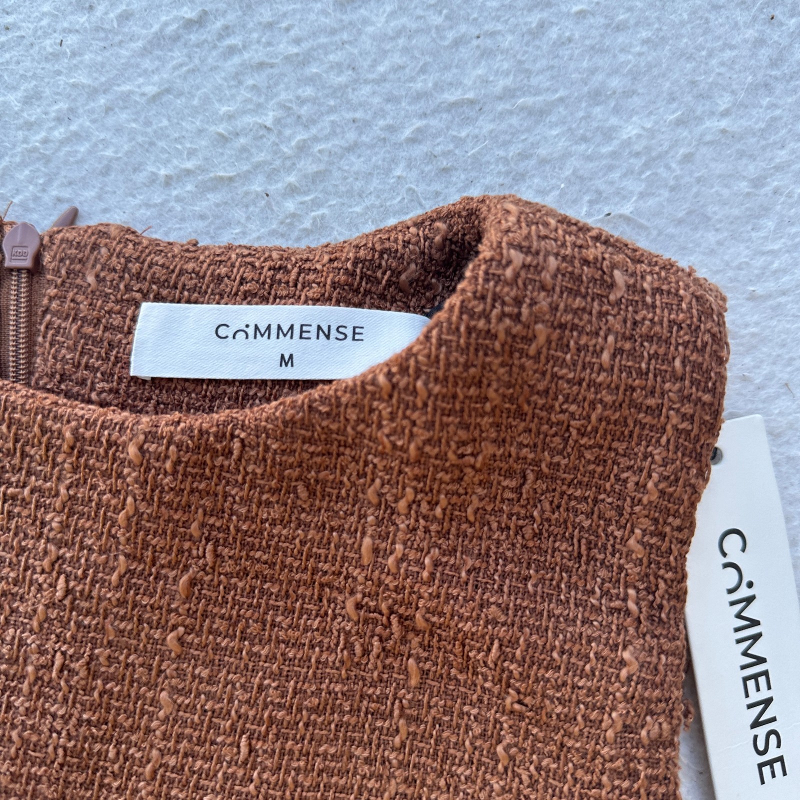 Commense Brown Textured Boucle Mini Dress Pleated Skirt Sleeveless Medium