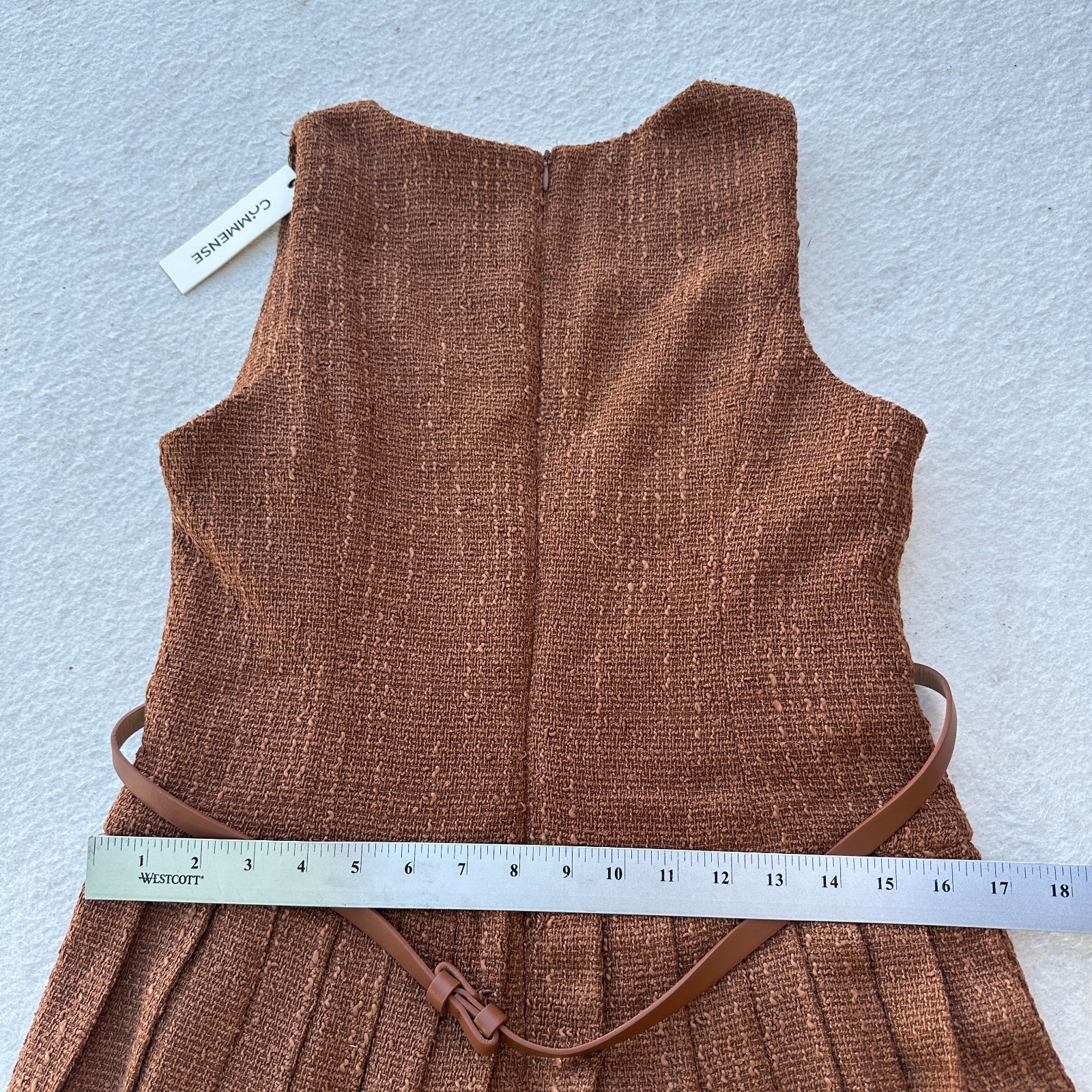 Commense Brown Textured Boucle Mini Dress Pleated Skirt Sleeveless Medium