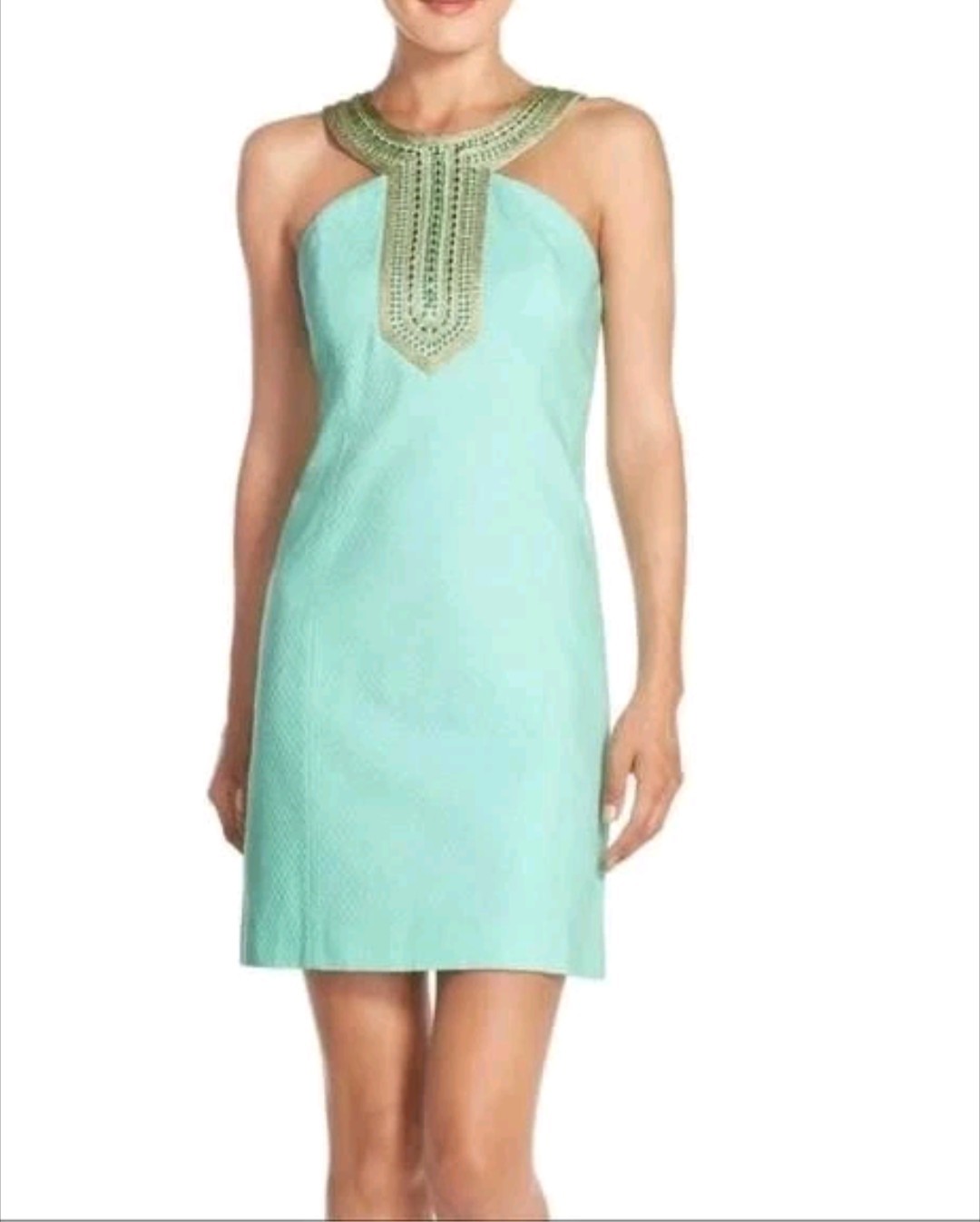 LILLY PULITZER Sz 4 Adelina Textured Poolside Blue Embelished Yoke Collar Dress