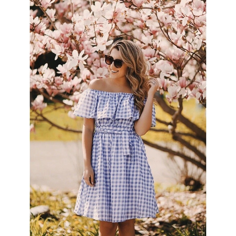 Anthropologie 11 1 Tylho Kinsey Off-the-Shoulder Gingham Dress Blue Size Large