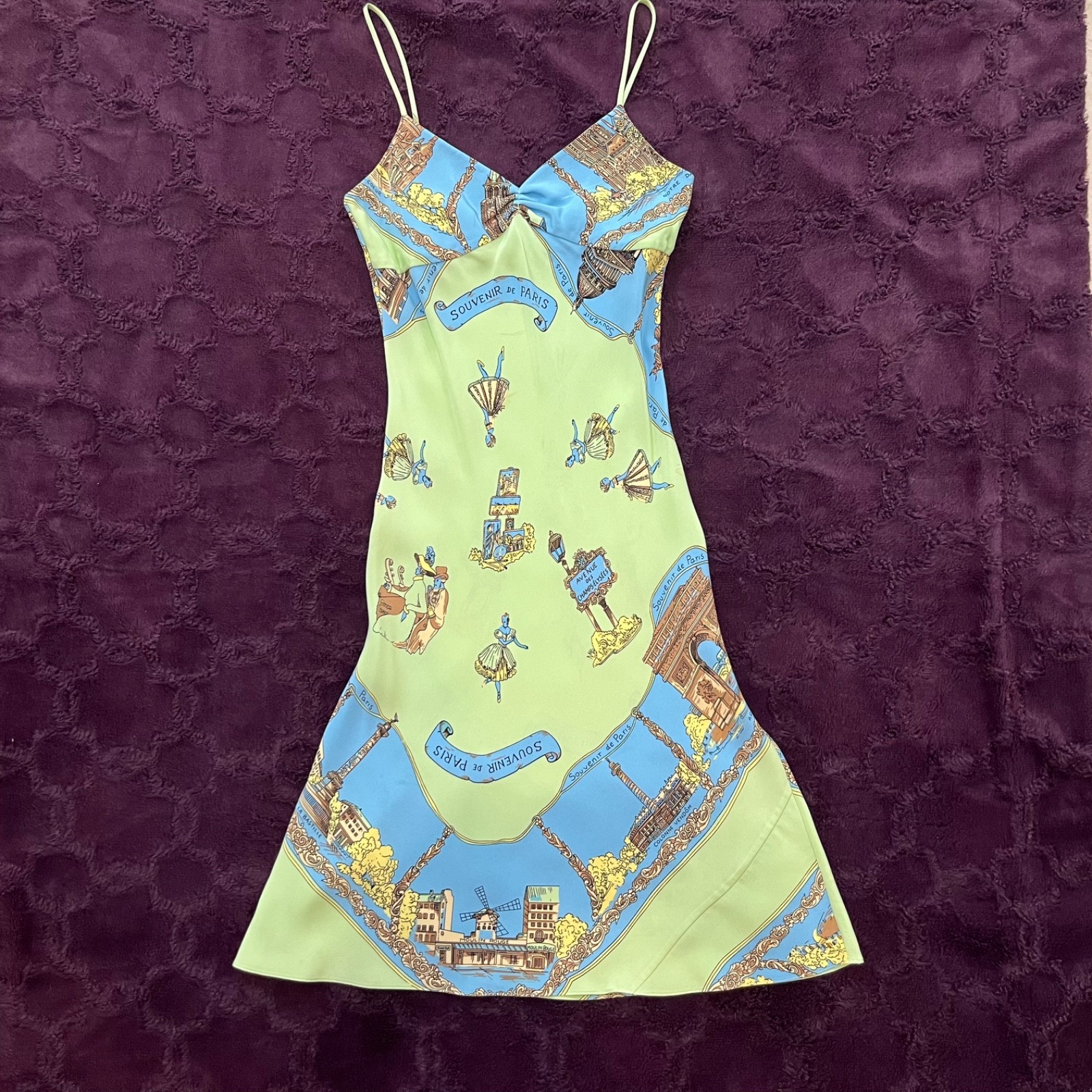 Vtg RARE Tibi Y2K “Paris Souvenir” Scarf Print 100% Silk Slip Dress Archival Sm