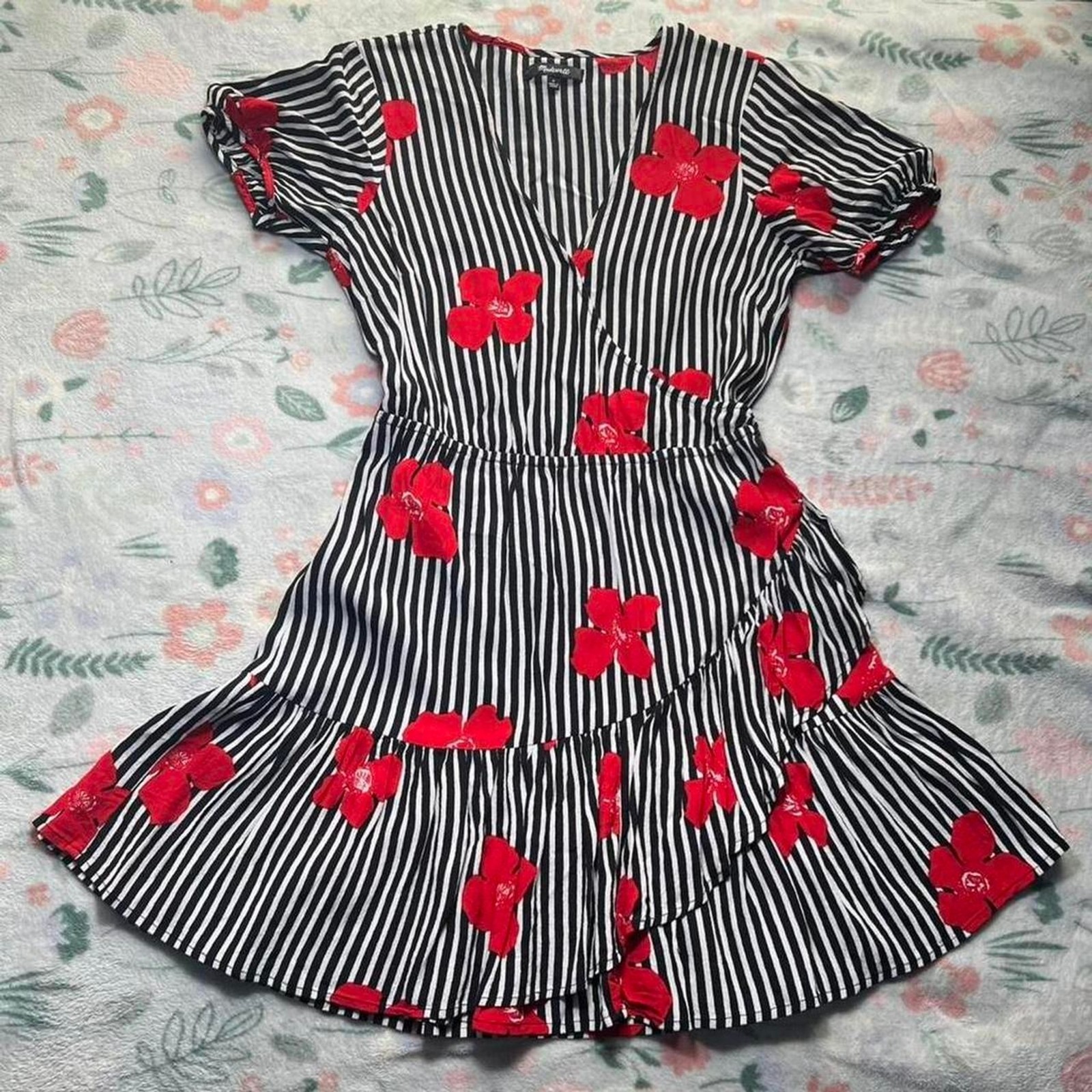 Madewell Ruffle Faux-Wrap Dress 6 – Puff Sleeve Rockabilly 50s Retro Americana
