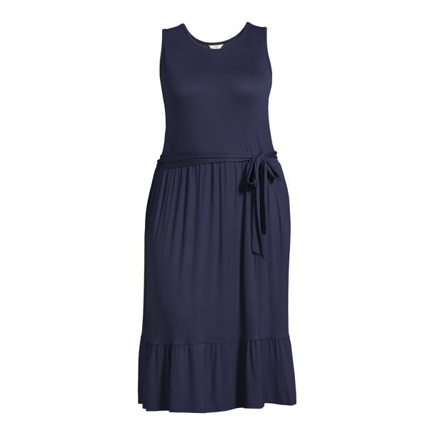 Terra And Sky Woman Plus Belted Knit Tank Dress Dark Navy Blue, Size 4X 28w-30w