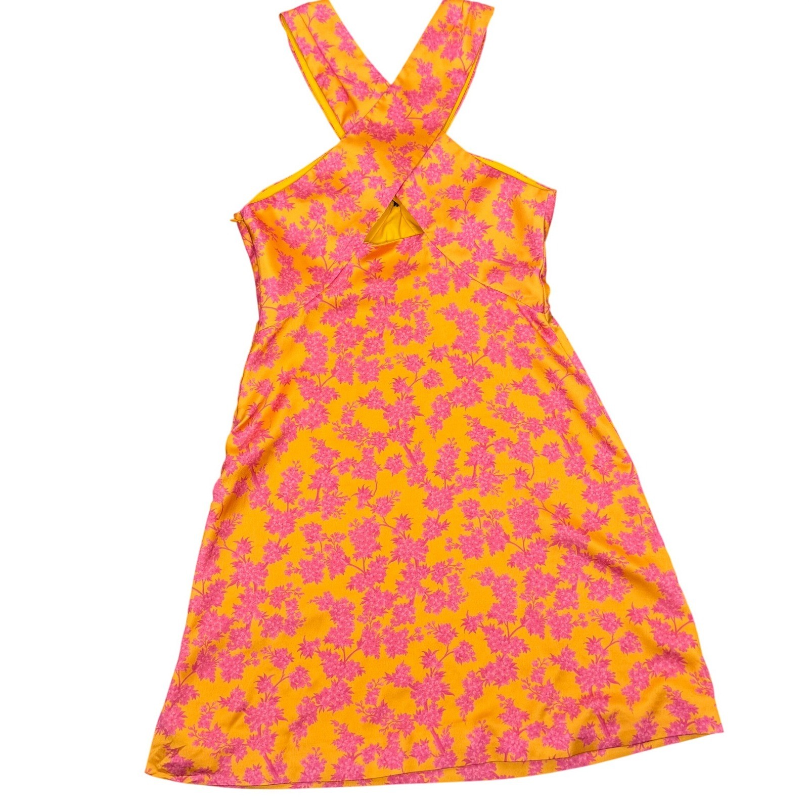 Slate & Willow Yellow Pink Floral Halter Mini Dress Small Tropical Side Slit