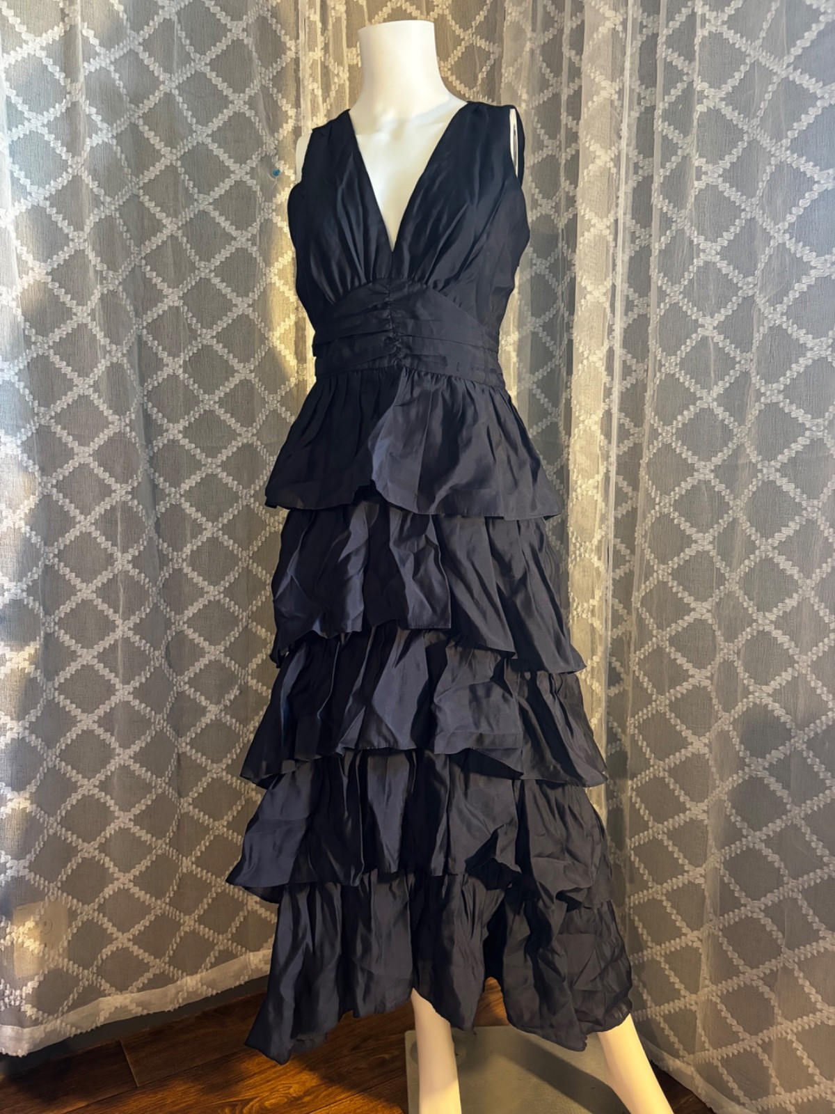 1.STATE Indigo Night Maxi Dress, V-Neck, Cascading Ruffle, Size 6, Sleeveless