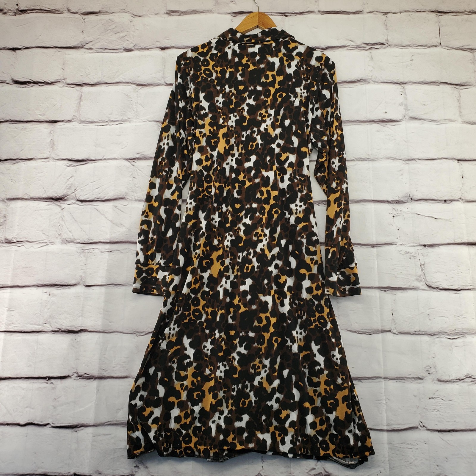 Dennis Basso Dress Womens Large Brown Leopard Print Wrap Long Sleeve Jersey