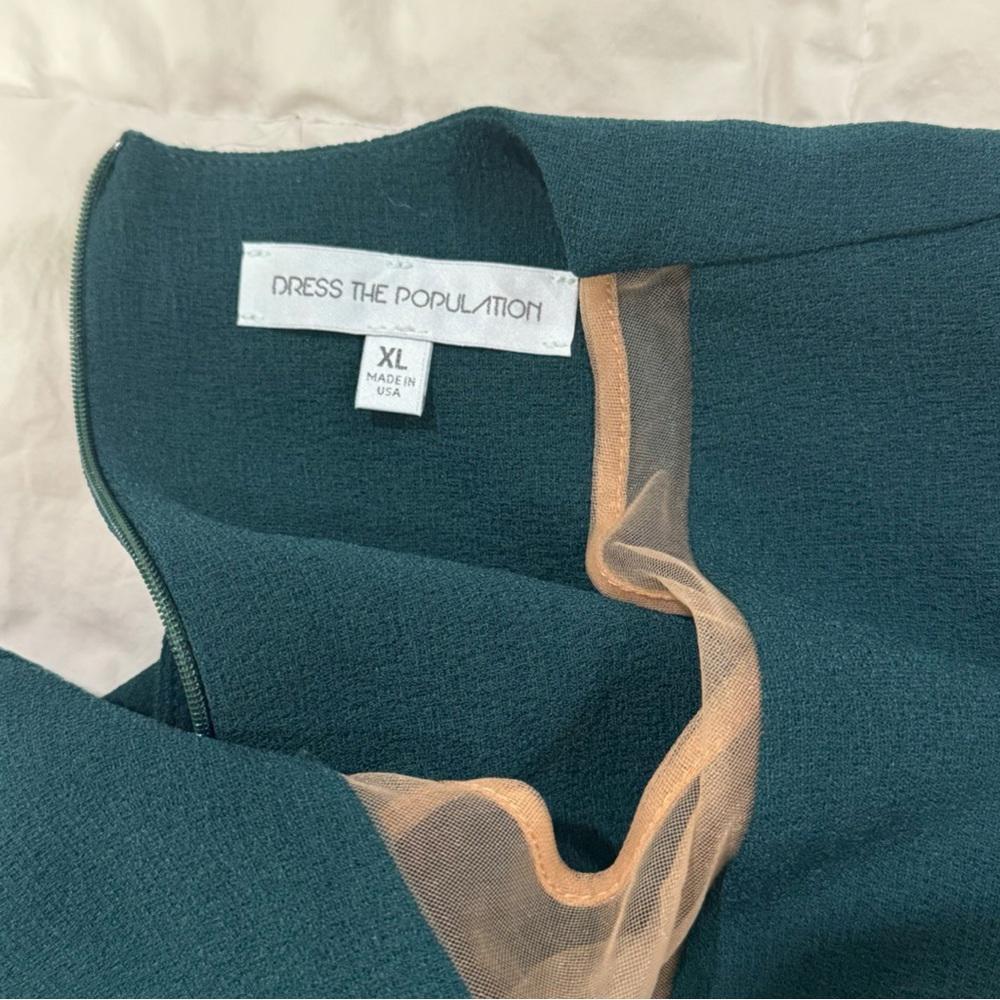 DRESS THE POPULATION KELLI PLUNGING CREPE SHEATH DRESS PUFF LONG SLEEVES GREEN