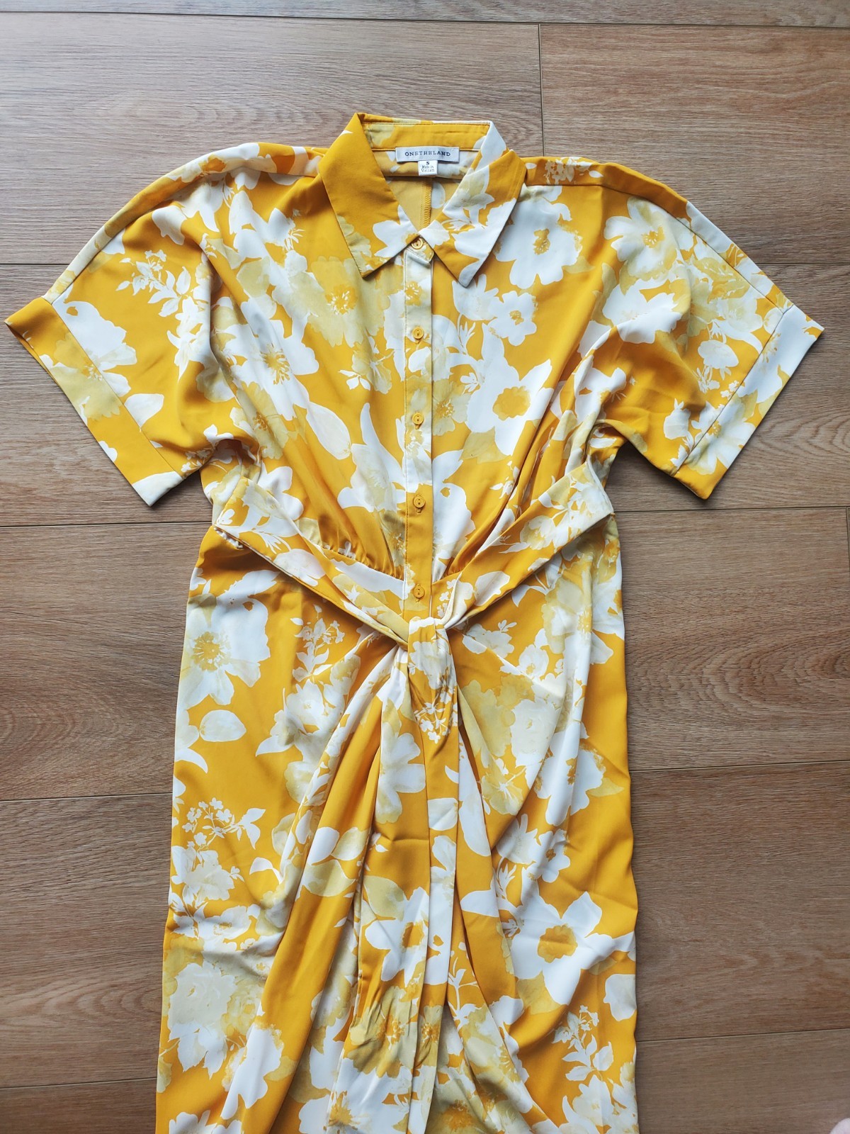 ONETHELAND Yellow/White Floral Button-Front Belted Collared Maxi Dress S