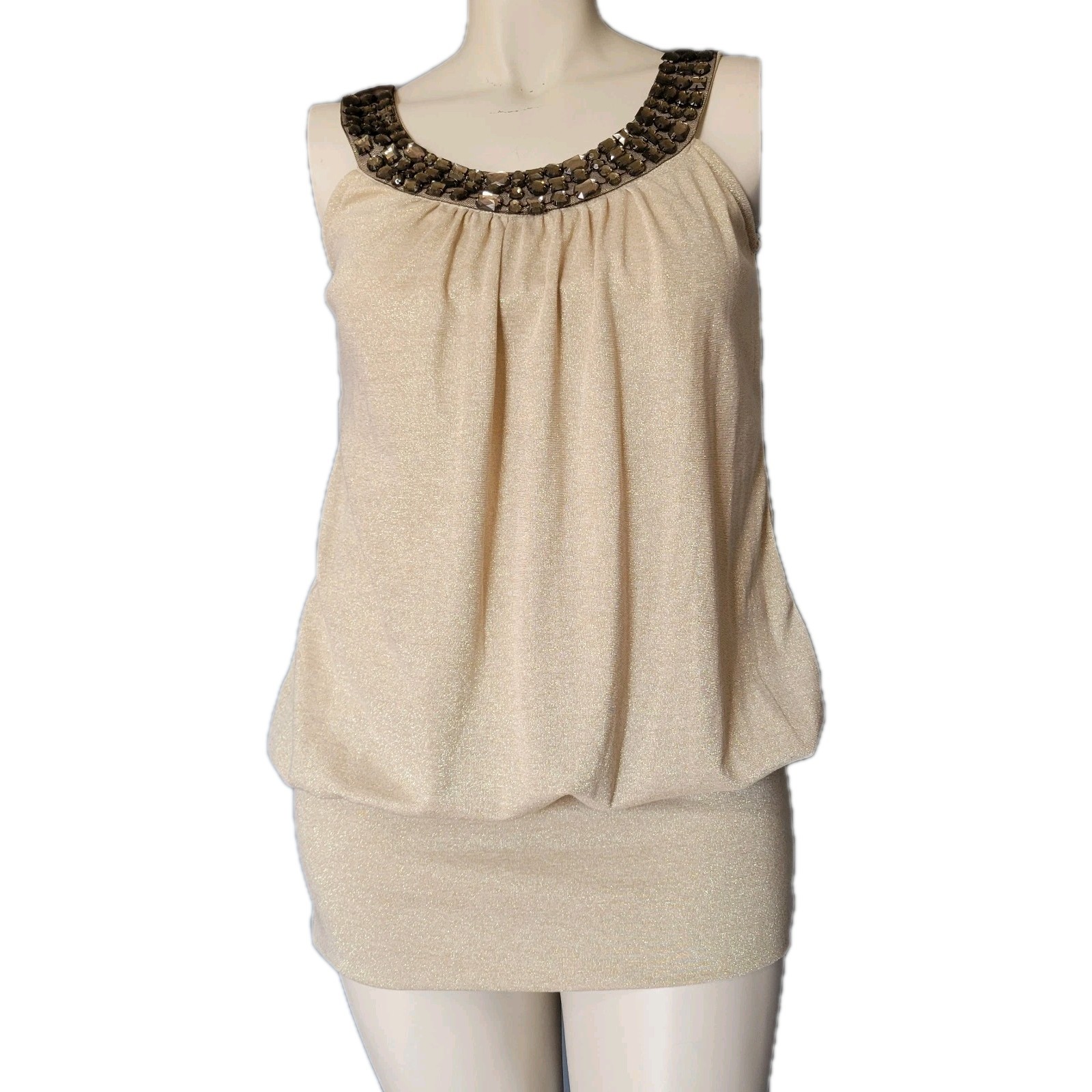 1990s Bodycon Bubble Mini Dress Drop Waist XL Metallic Gold Stretch Club Wear